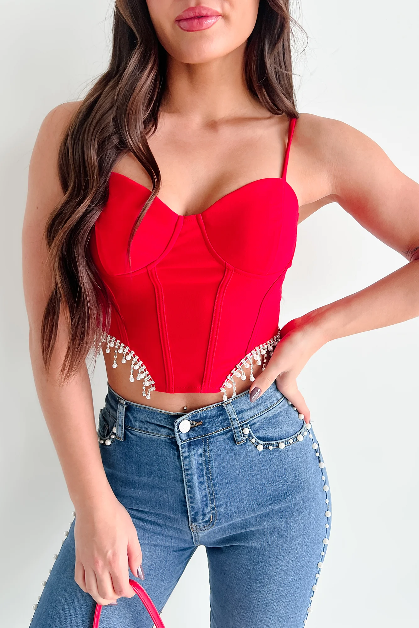 Fixed On You Rhinestone Pearl Fringe Top (Red) - Image 7