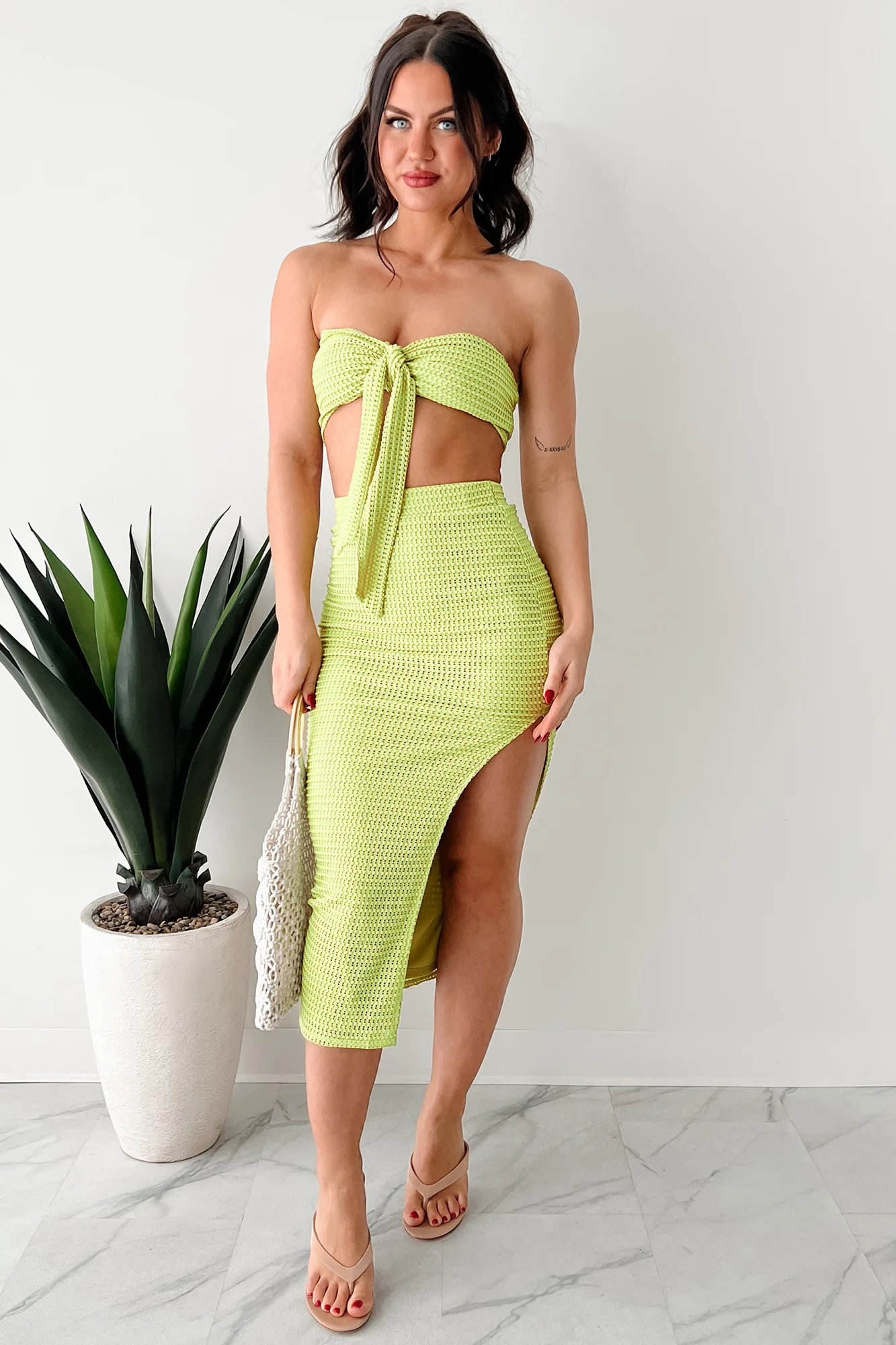 Flawlessly Loud Textured Knit Bandeau & Skirt Set (Kiwi) - Image 4