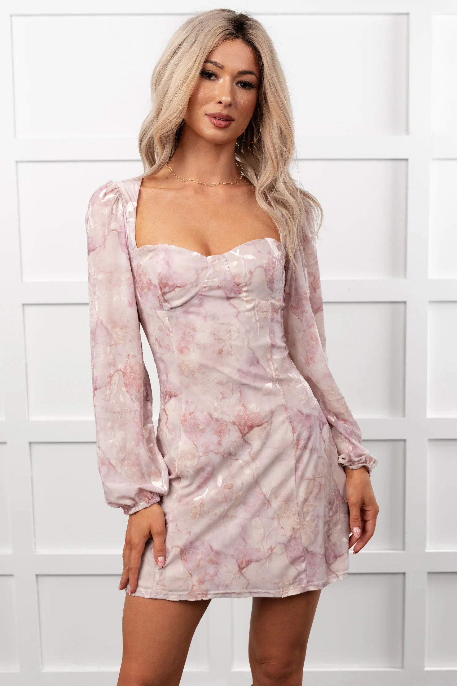 Flirt Filled Long Sleeve Floral Mini Dress (Dusty Pink) - Image 5