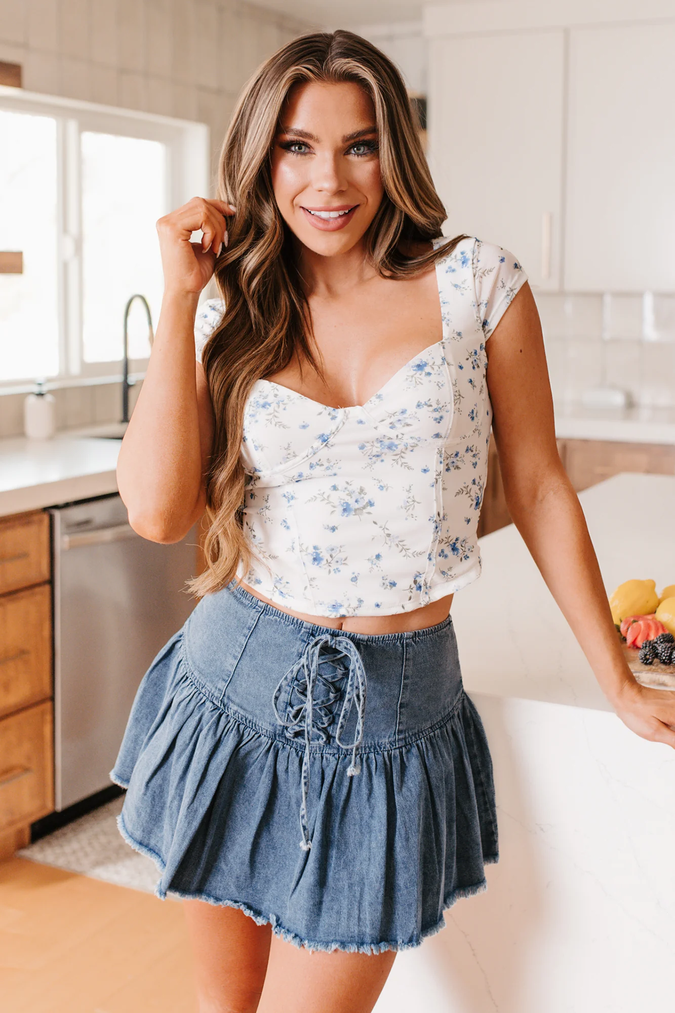 Flirty Flair Printed Cap Sleeve Top (White/Blue Floral) - Image 16