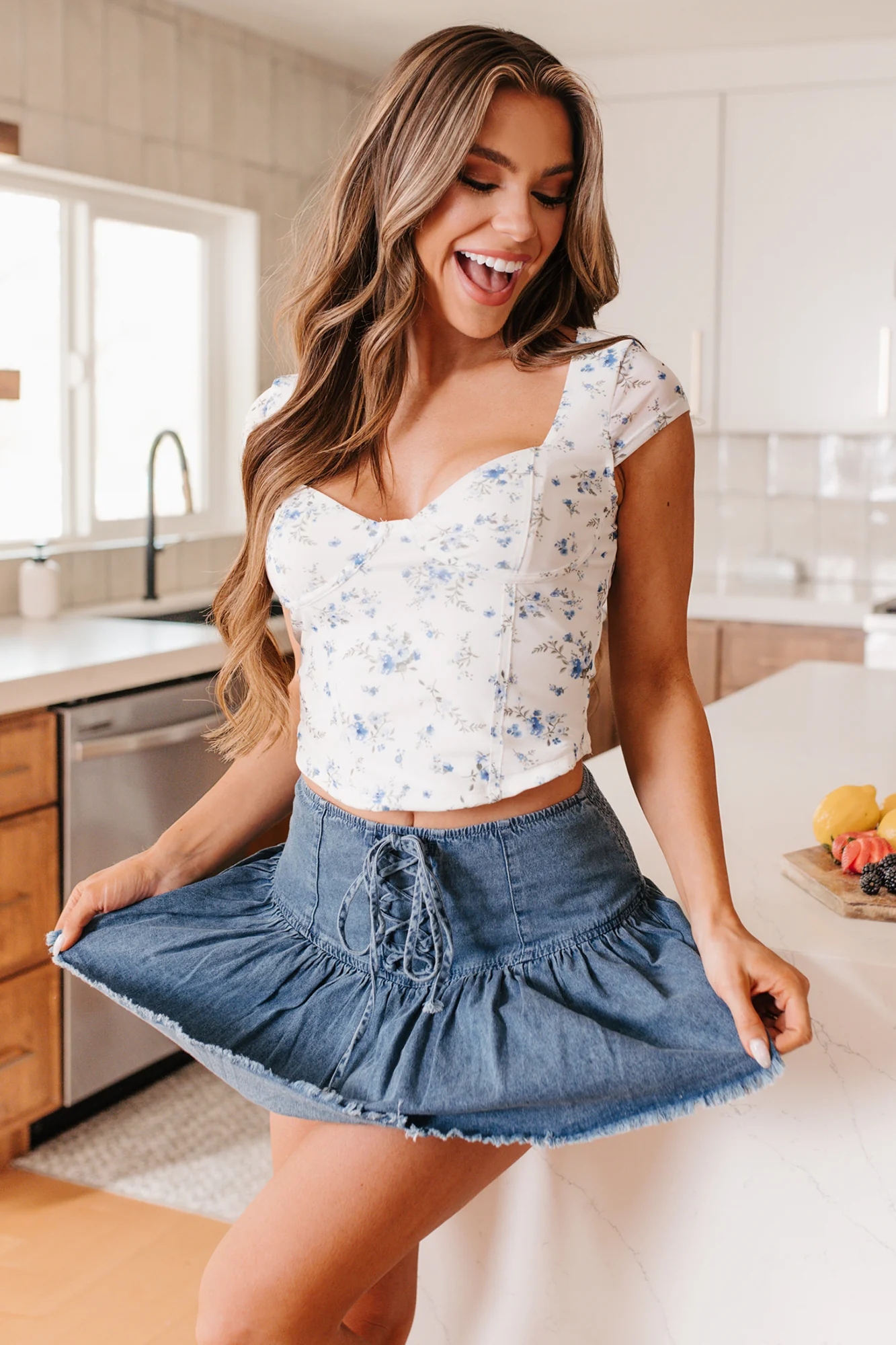 Flirty Flair Printed Cap Sleeve Top (White/Blue Floral) - Image 17