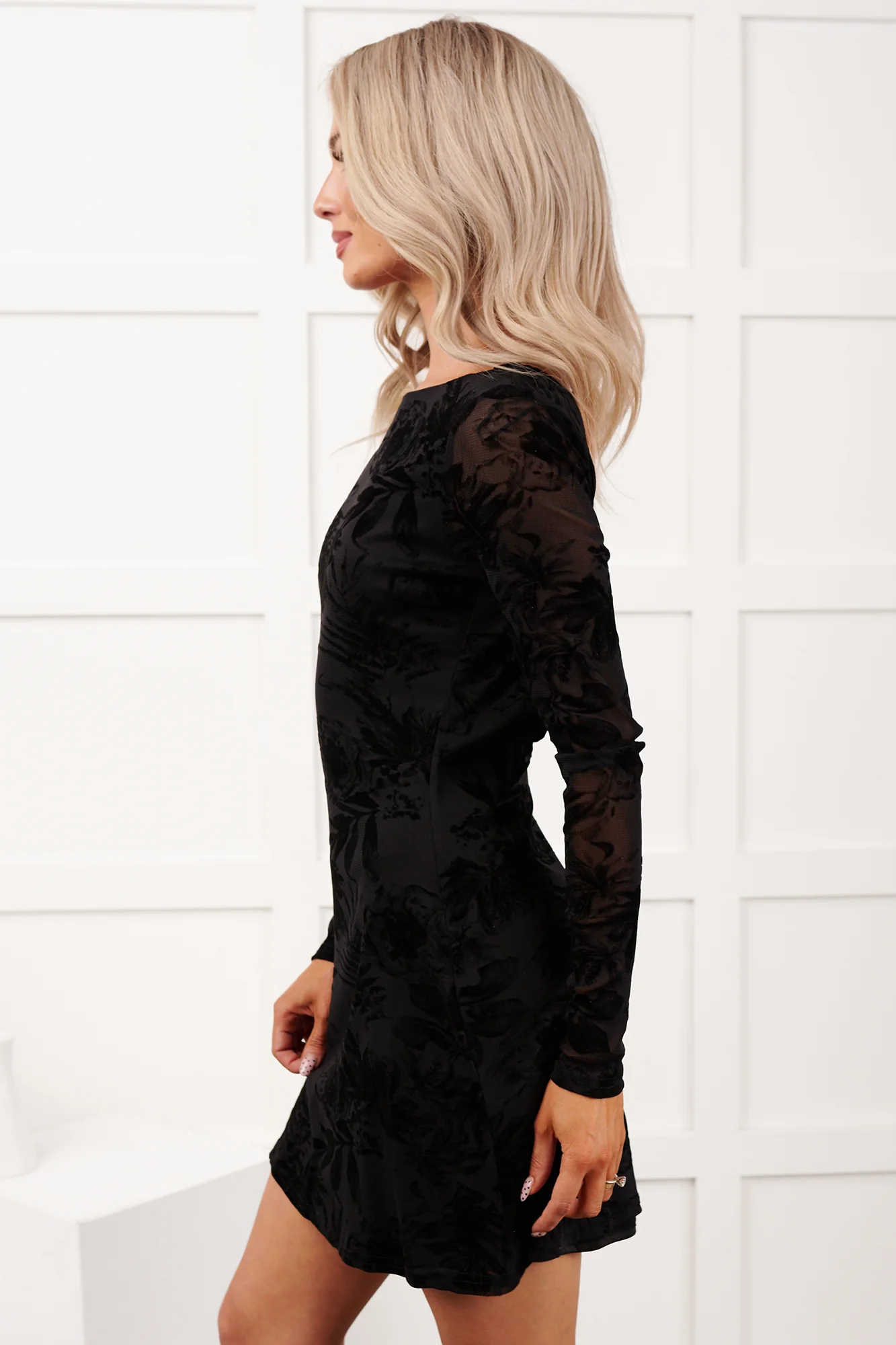 Flirty Rush Floral Long Sleeve Mini Dress (Black) - Image 2