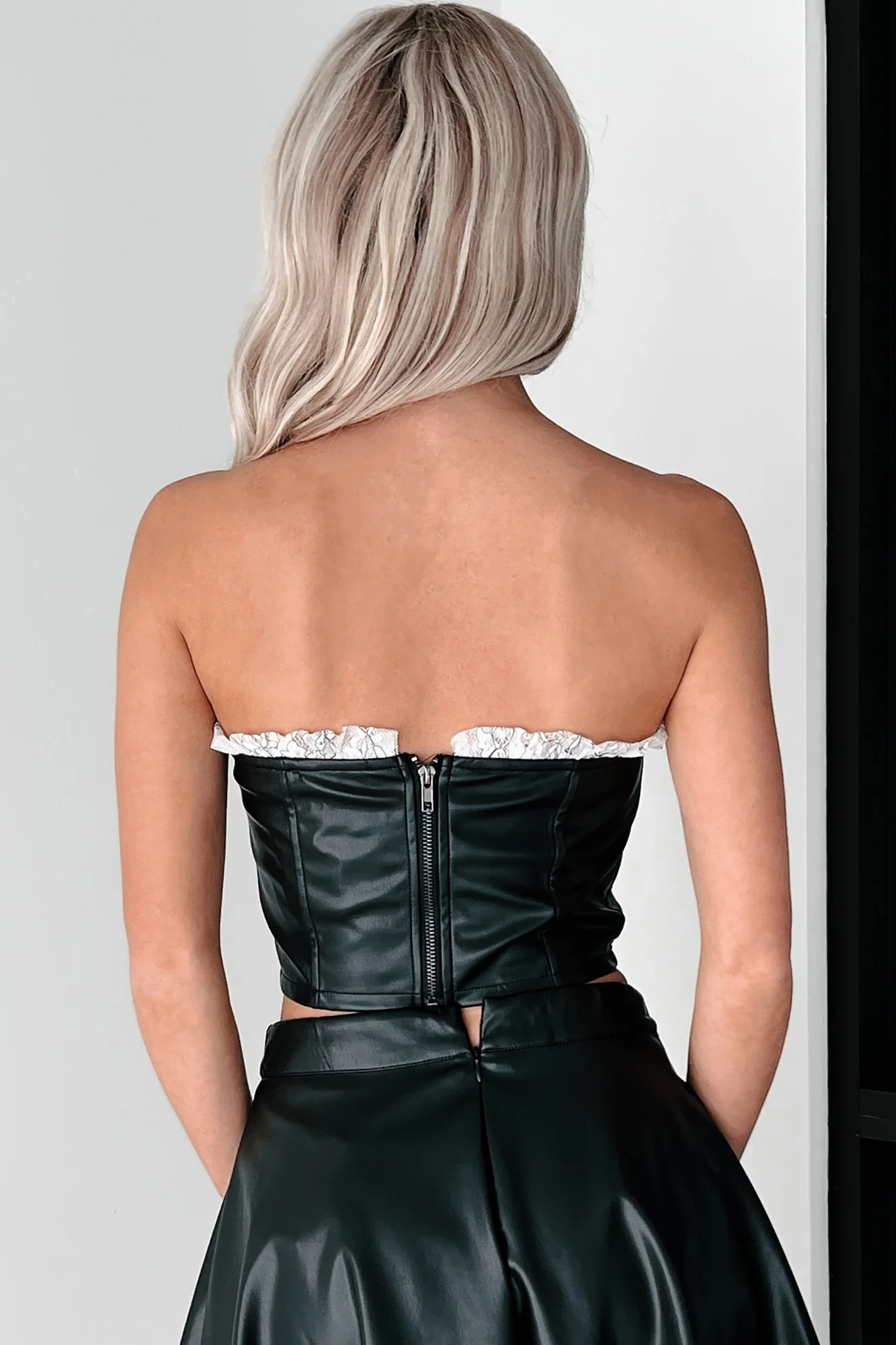 DOORBUSTER Flirty Tendencies Ruffle Lace Faux Leather Tube Top (Black) - Image 3