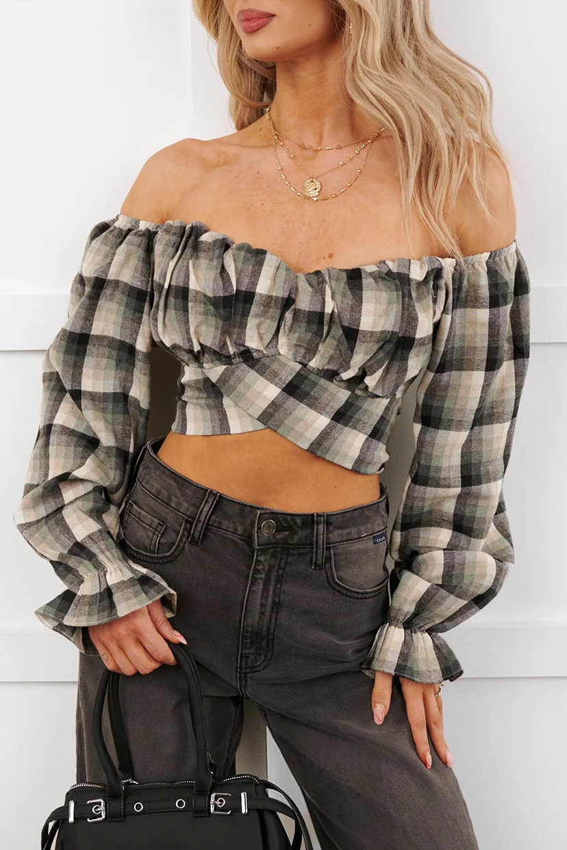 Flirty Traits Plaid Tie-Back Crop Top (Black Combo) - Image 3
