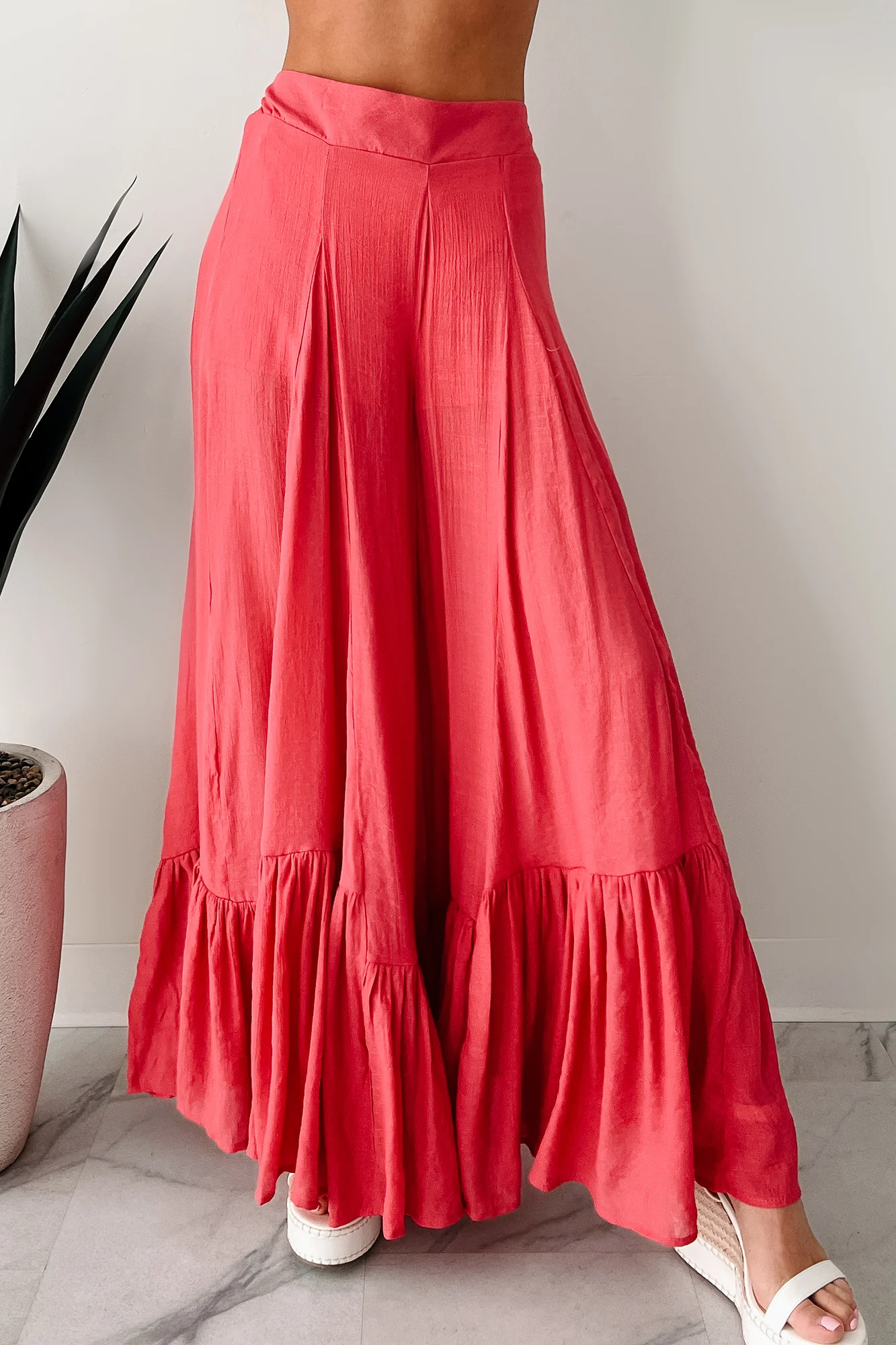 Flower Crown Vibes Sheer Ruffle Wide Leg Pants (Coral Red) - Image 2