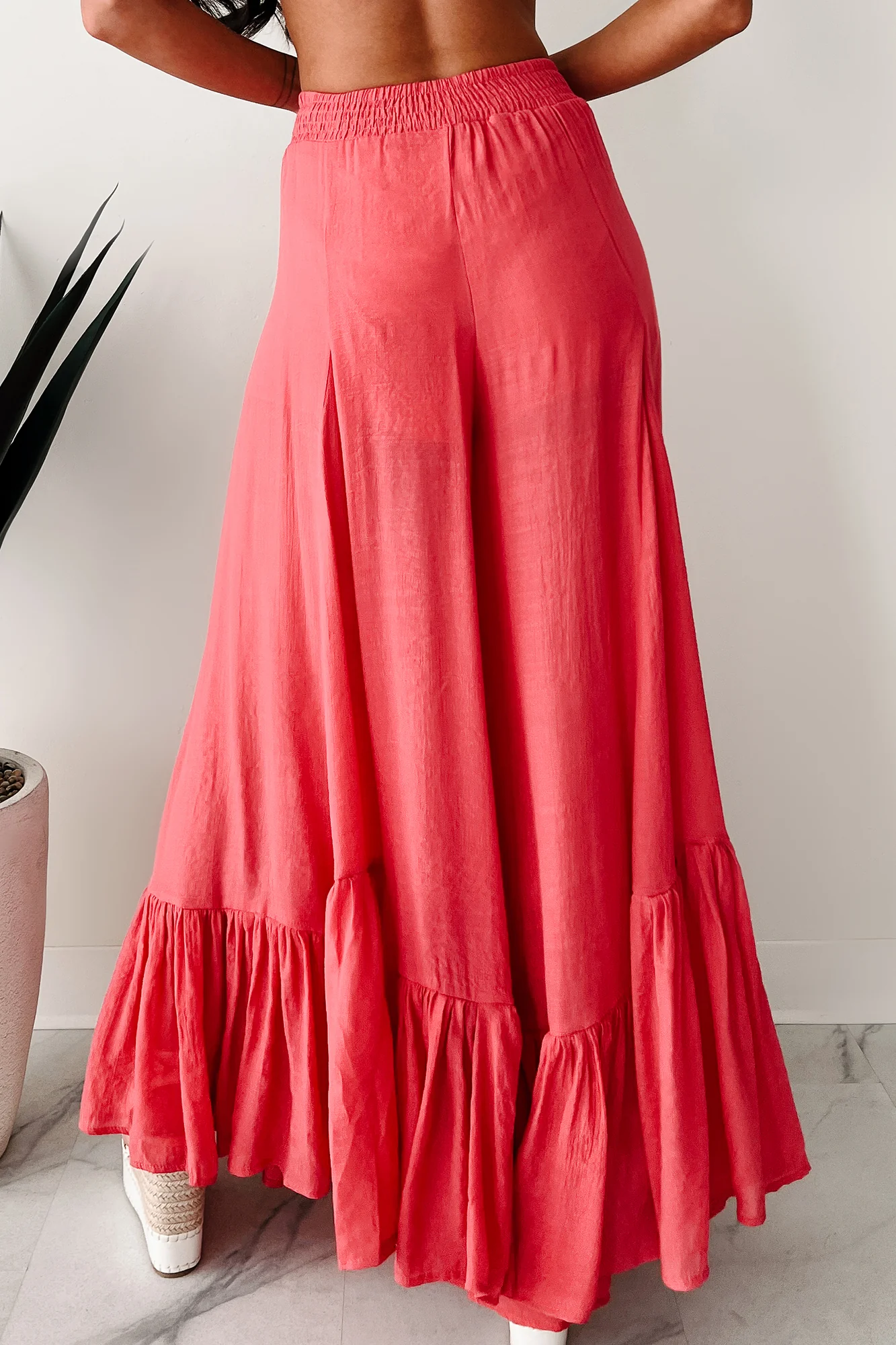 Flower Crown Vibes Sheer Ruffle Wide Leg Pants (Coral Red) - Image 3