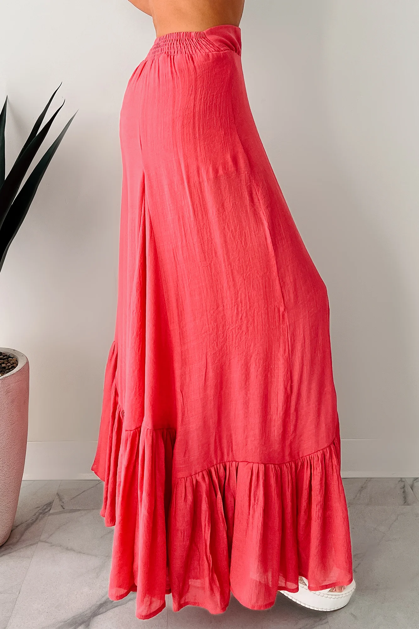 Flower Crown Vibes Sheer Ruffle Wide Leg Pants (Coral Red) - Image 4