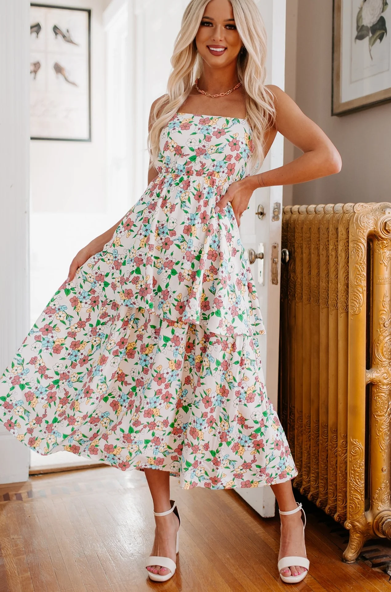 Flower Fields Tiered Floral Midi Dress (White Multi) - Image 3