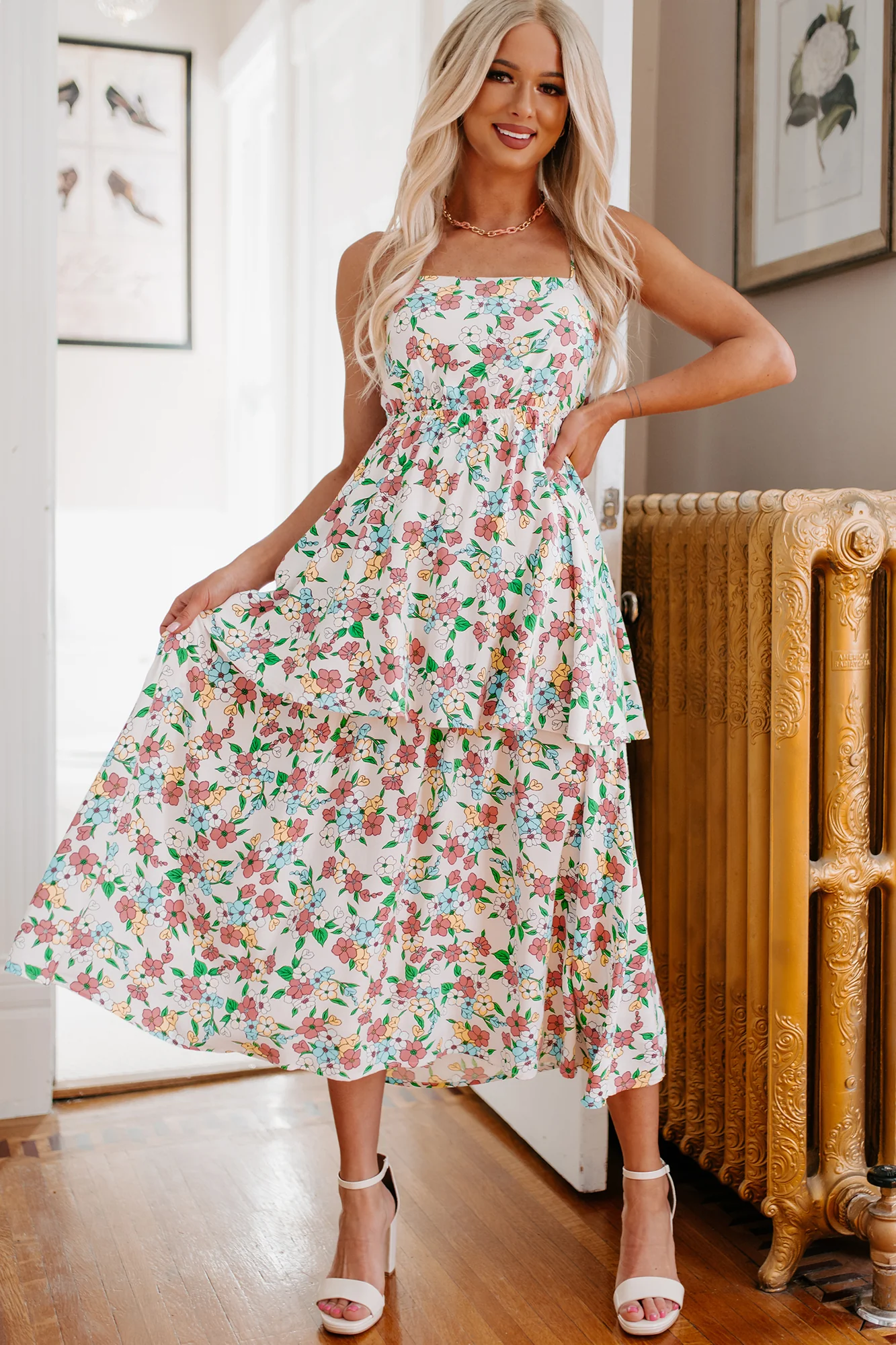 Flower Fields Tiered Floral Midi Dress (White Multi) - Image 5