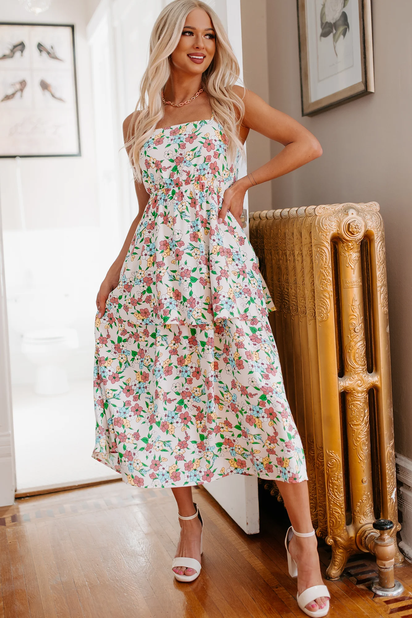 Flower Fields Tiered Floral Midi Dress (White Multi) - Image 6