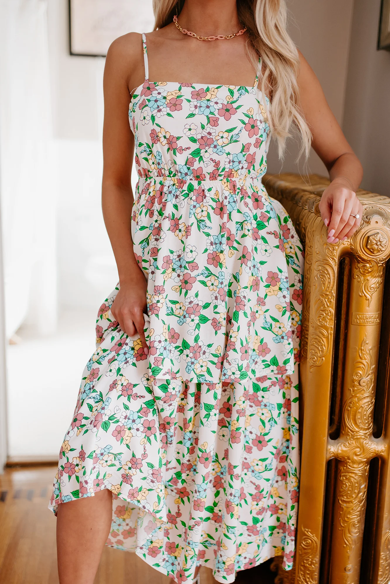 Flower Fields Tiered Floral Midi Dress (White Multi) - Image 8