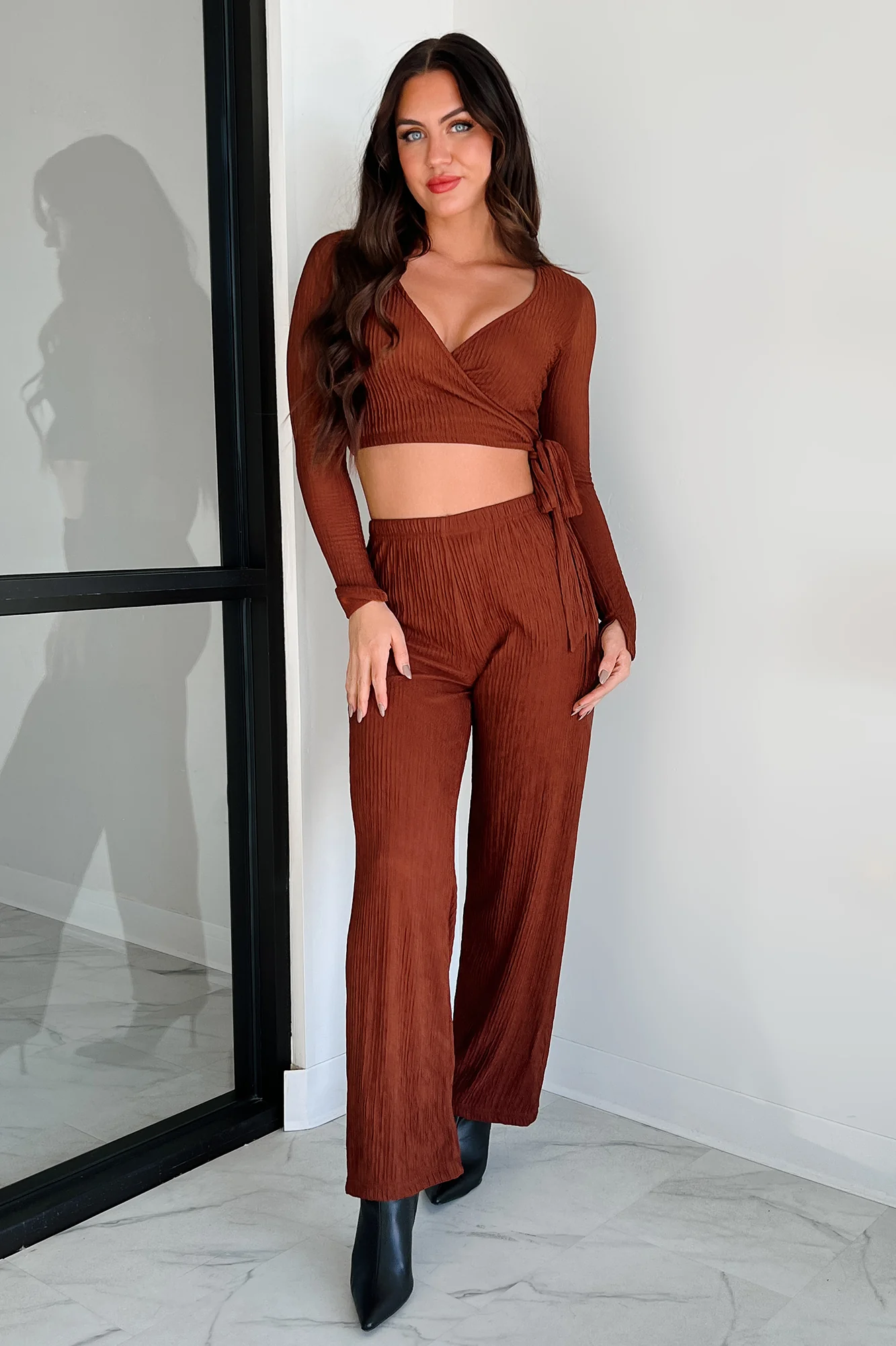 Following My Intuition Crinkled Plisse Wrap Top & Pants Set (Ancora Red) - Image 13