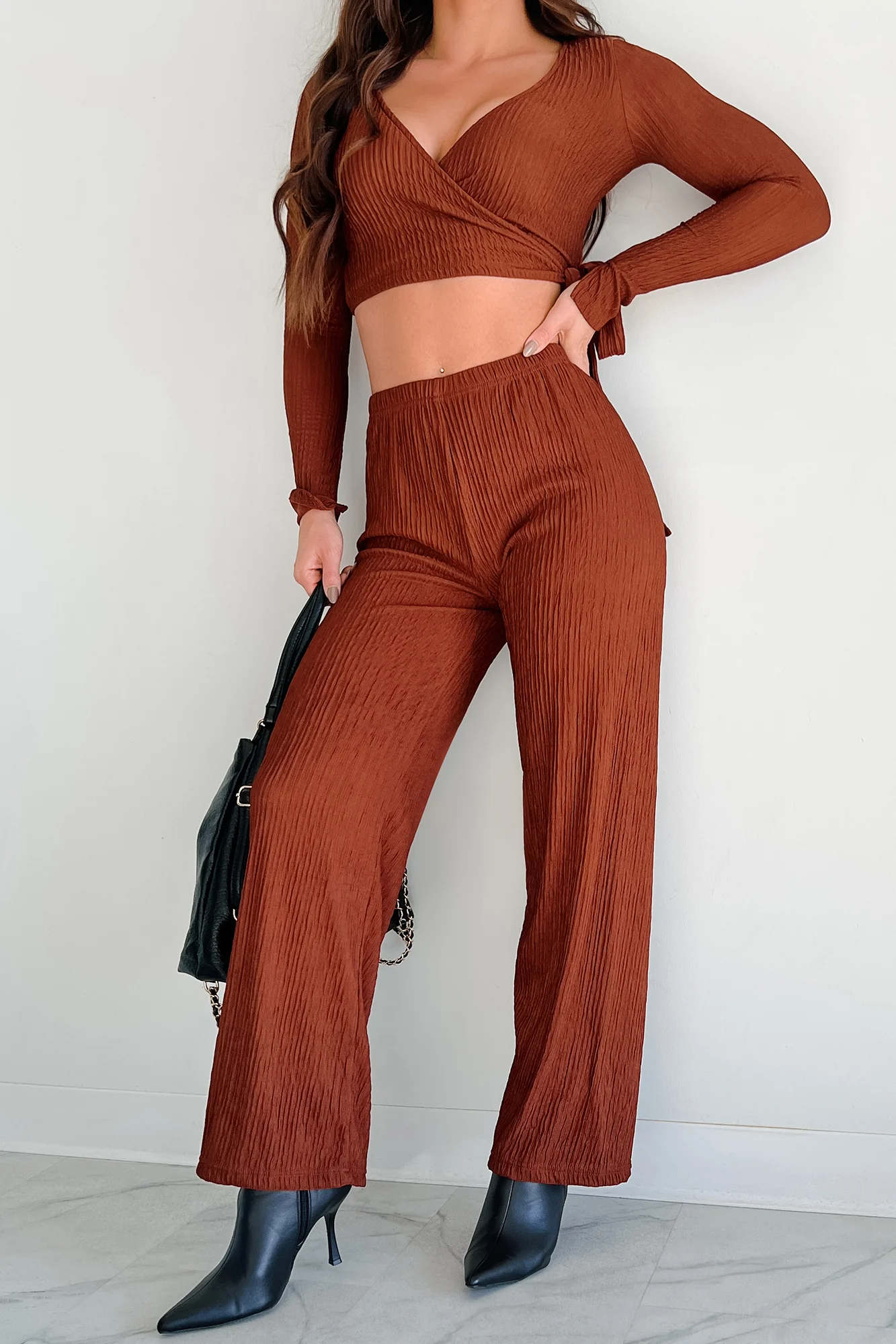 Following My Intuition Crinkled Plisse Wrap Top & Pants Set (Ancora Red) - Image 5