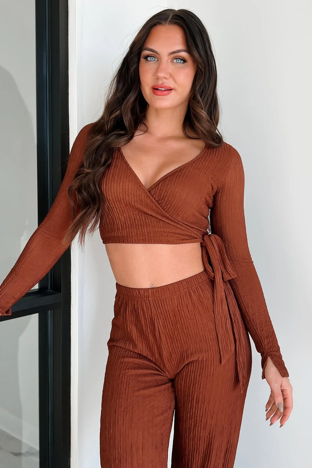 Following My Intuition Crinkled Plisse Wrap Top & Pants Set (Ancora Red) - Image 6