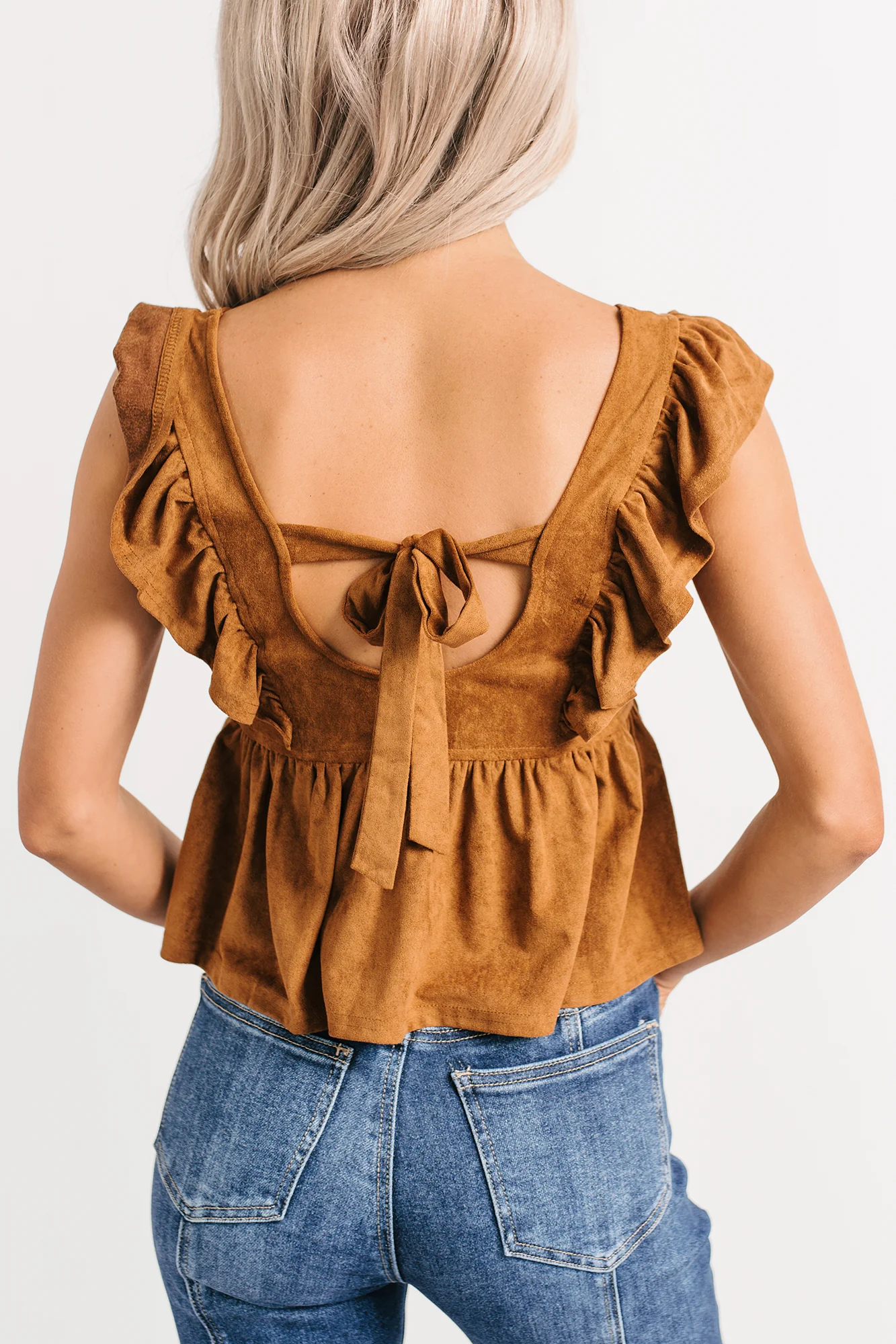 For The Girls Faux Suede Peplum Top (Camel) - Image 3