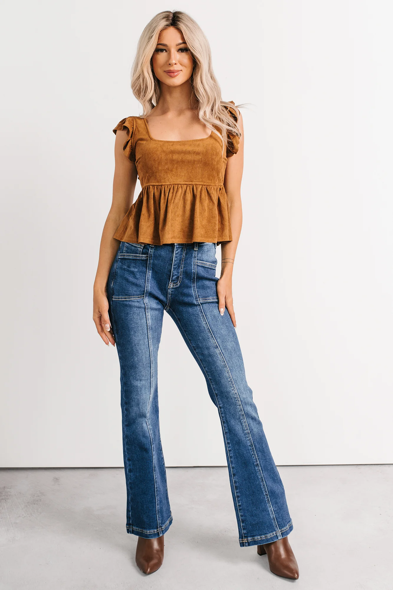 For The Girls Faux Suede Peplum Top (Camel) - Image 5