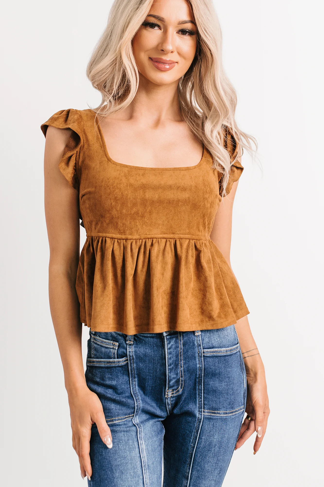 For The Girls Faux Suede Peplum Top (Camel) - Image 6