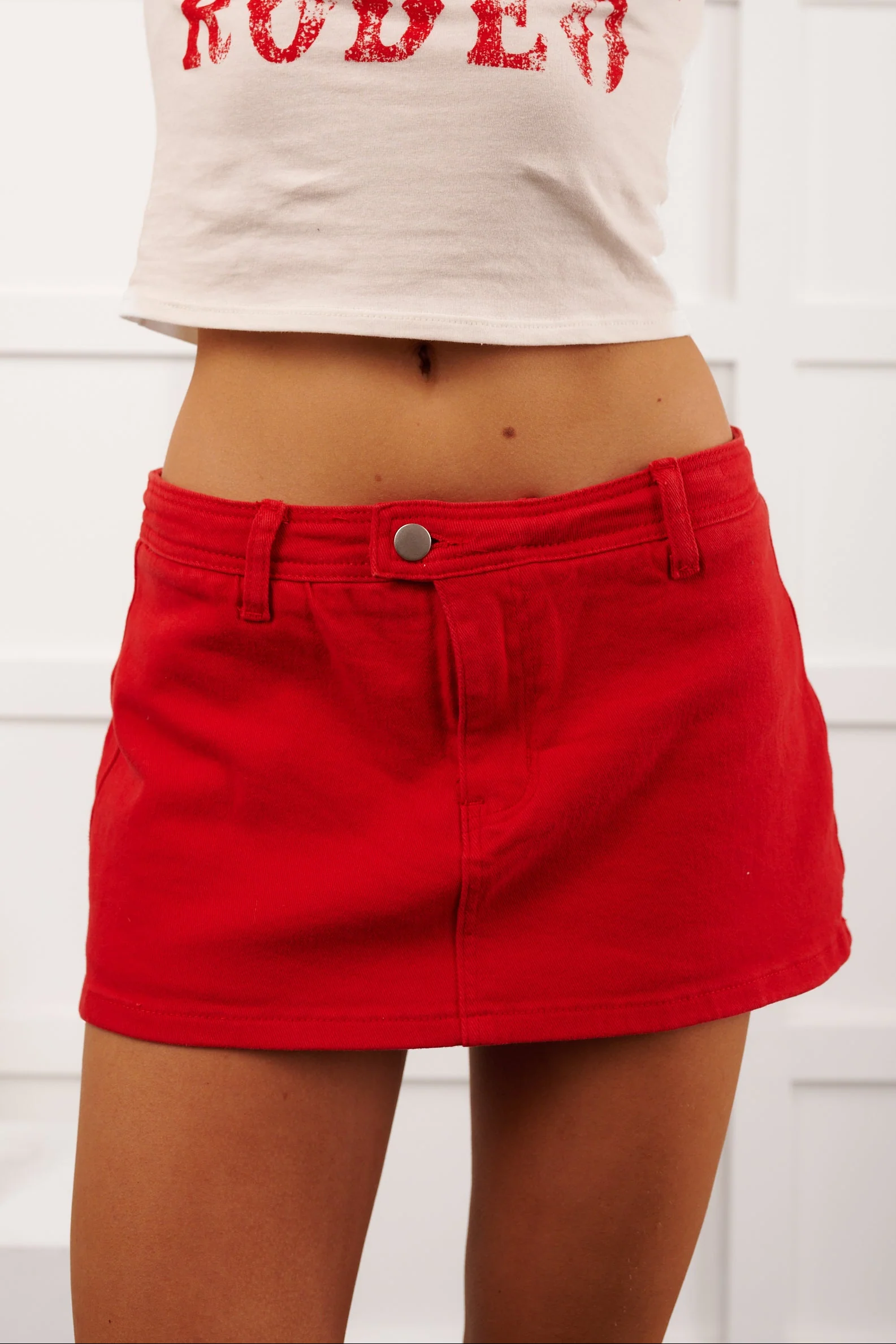 For The Last Time Mid Rise Denim Mini Skort (Red) - Image 4