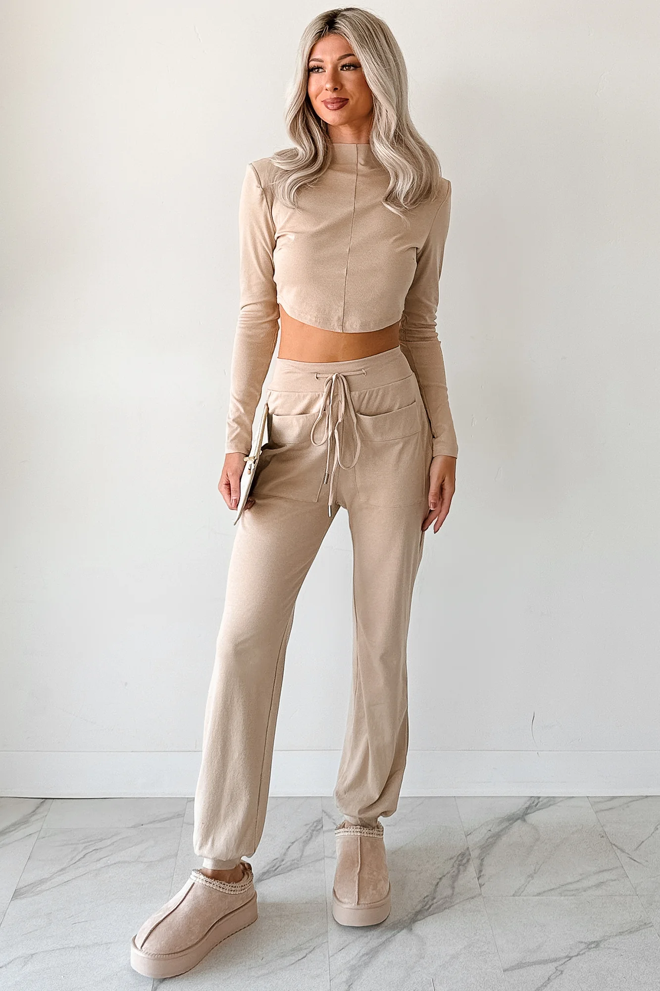 Force For Good Mock Neck Crop Top & Jogger Set (Latte) - Image 2
