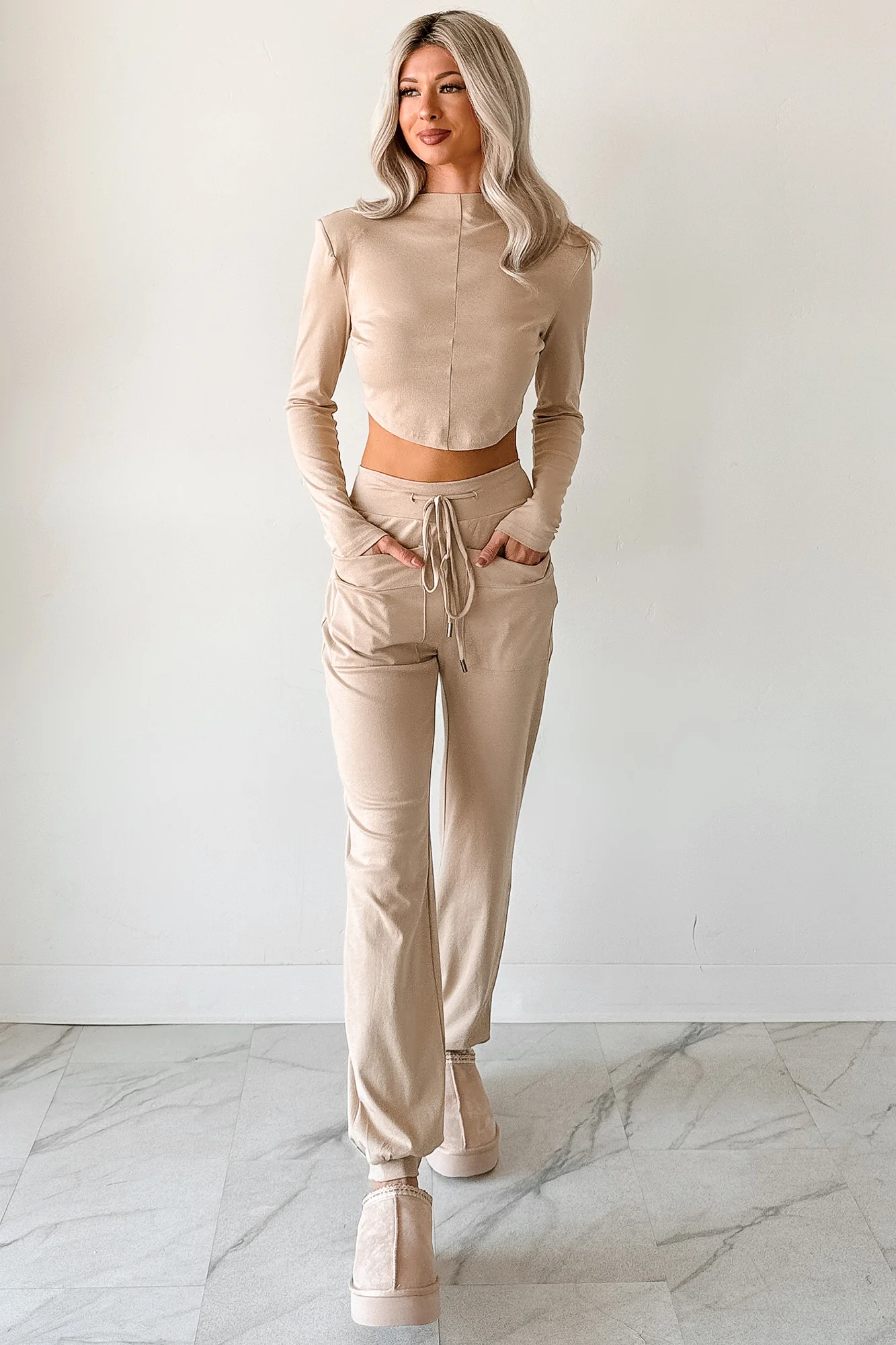 Force For Good Mock Neck Crop Top & Jogger Set (Latte) - Image 6