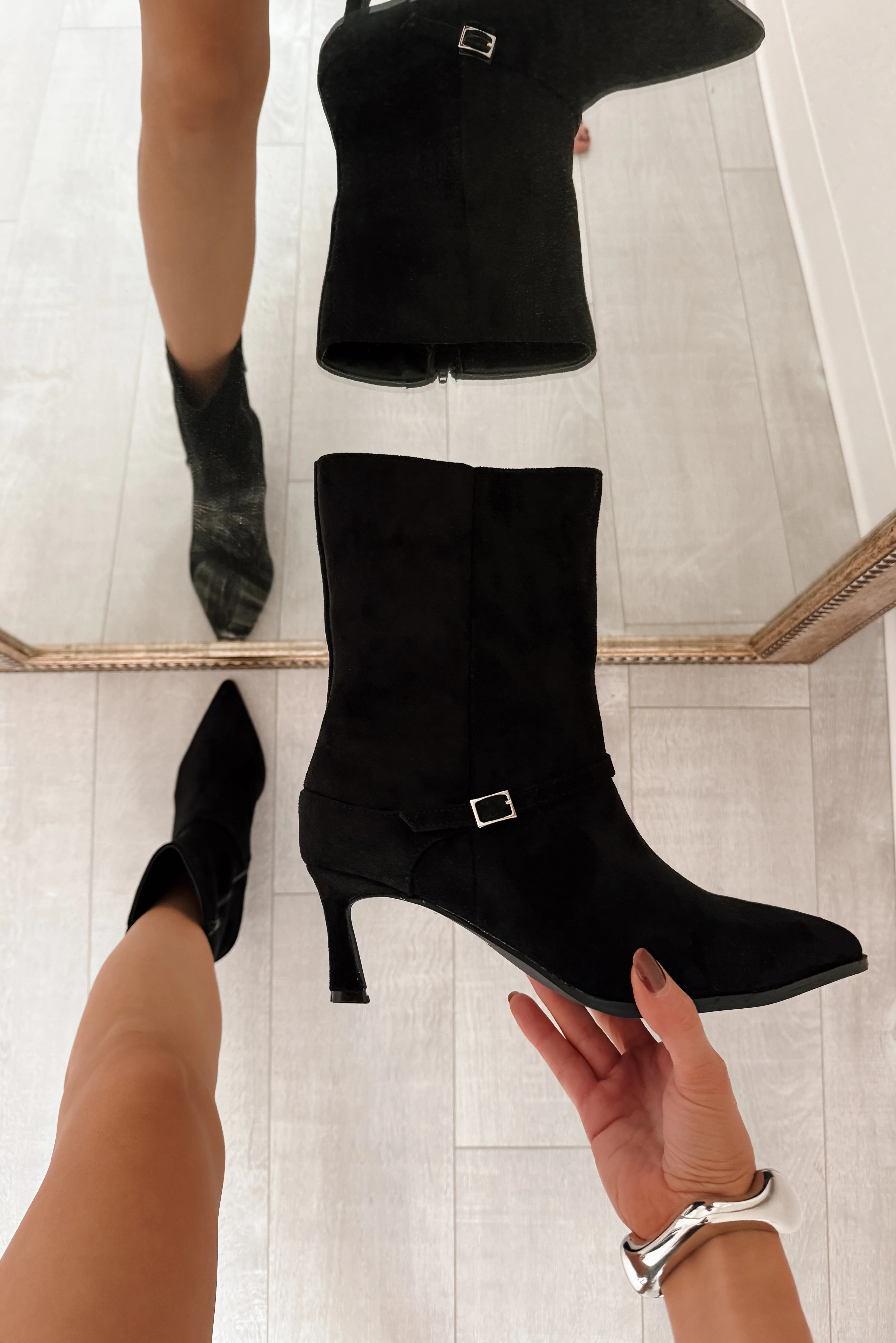Forever Rising Faux Suede Stiletto Booties (Black) - Image 2