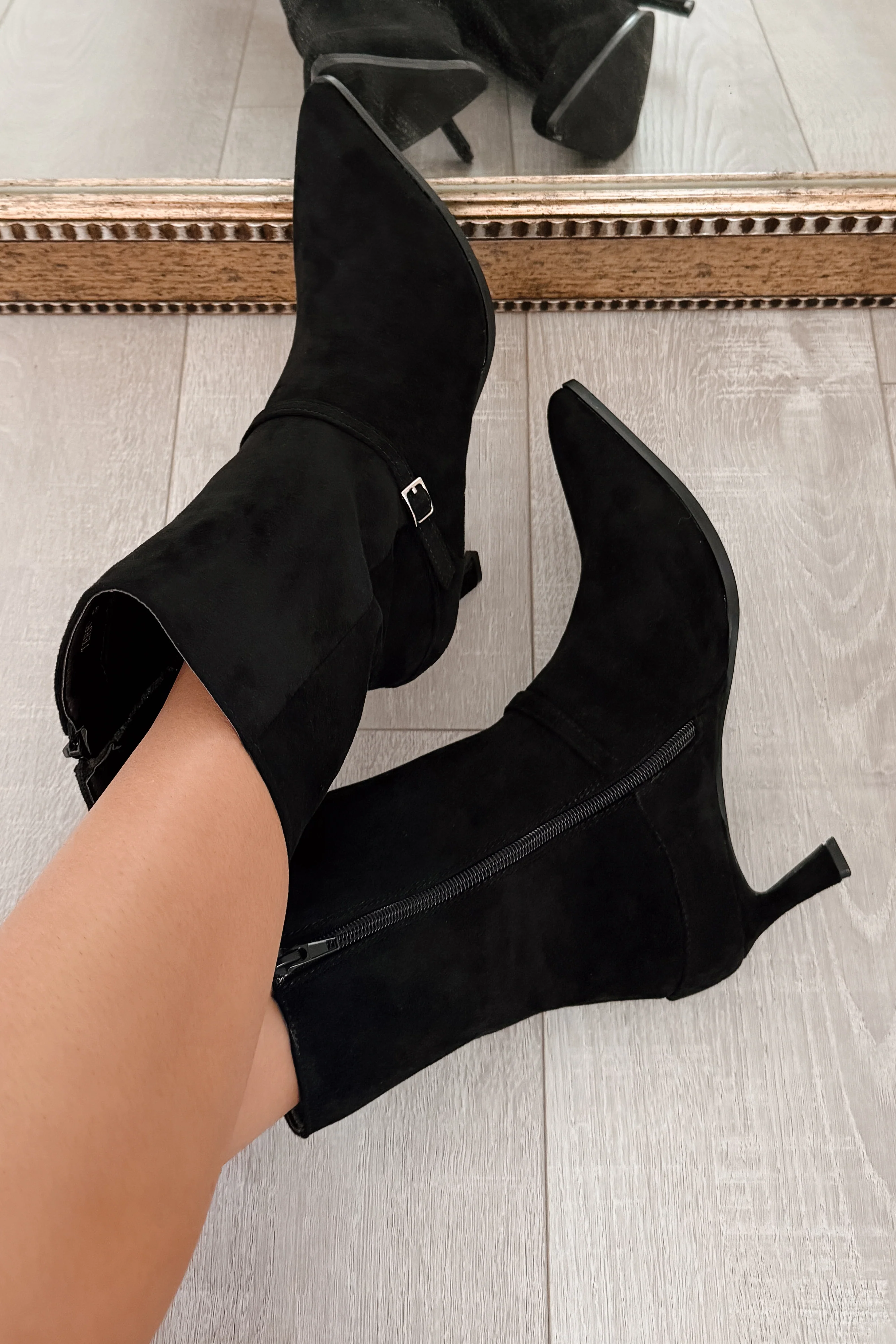 Forever Rising Faux Suede Stiletto Booties (Black) - Image 5