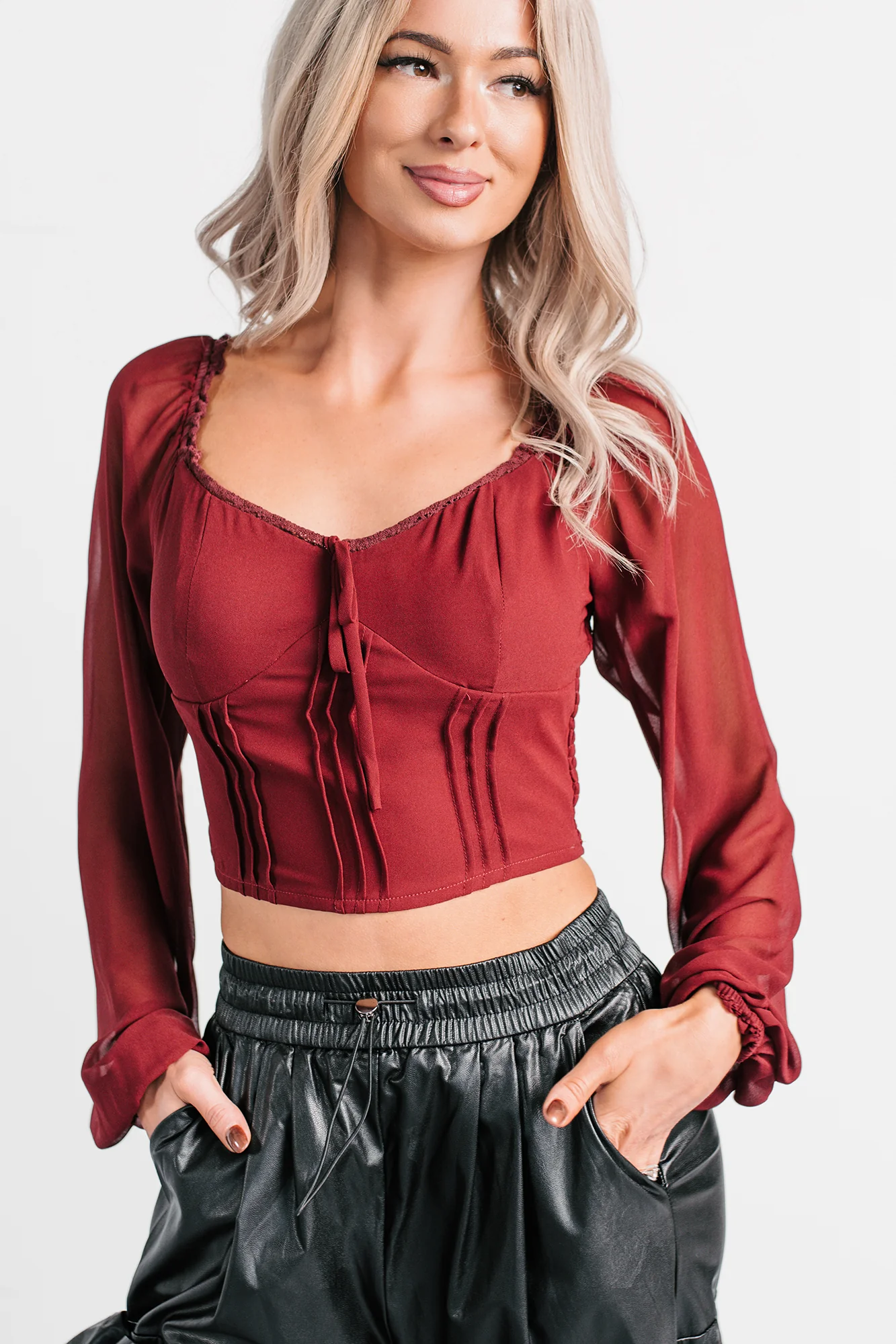 Forever This Way Lace Trim Peasant Blouse (Burgundy) - Image 2