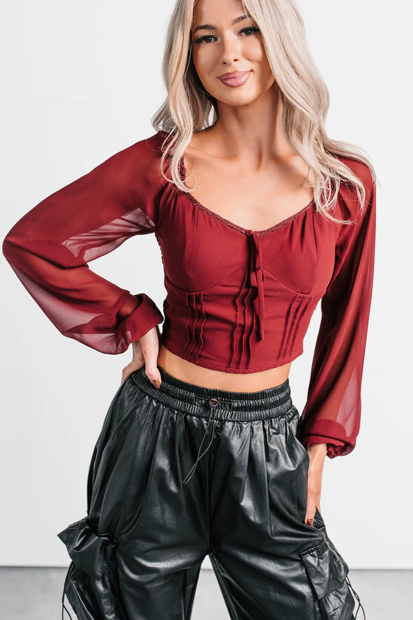 Forever This Way Lace Trim Peasant Blouse (Burgundy) - Image 6