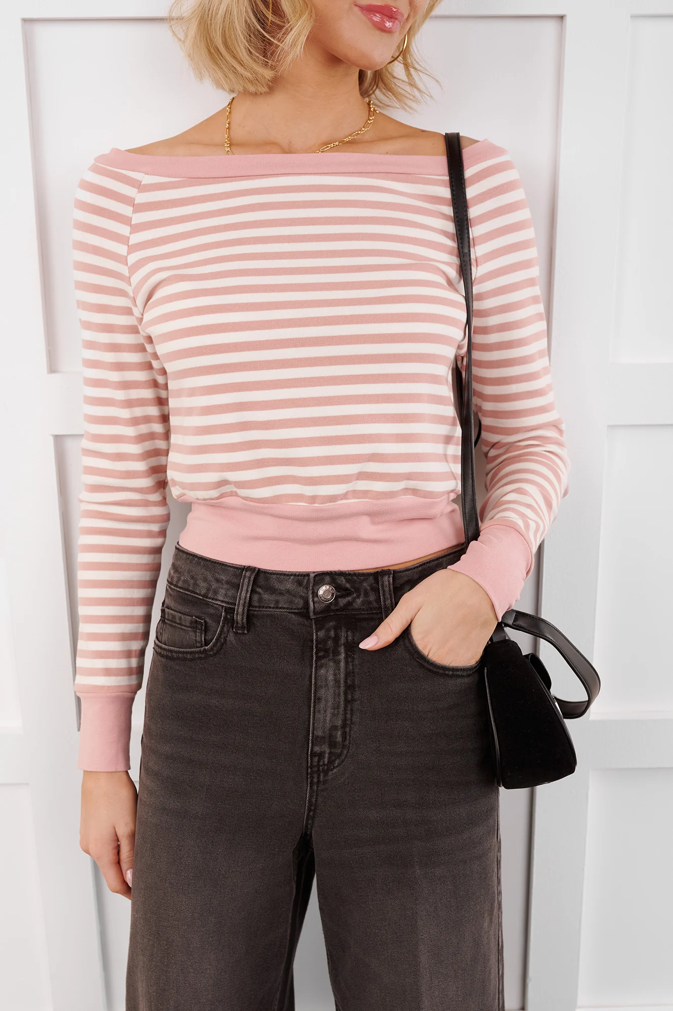 Forward Thinking Off The Shoulder Striped Top (Light Pink/Ivory) - Image 3