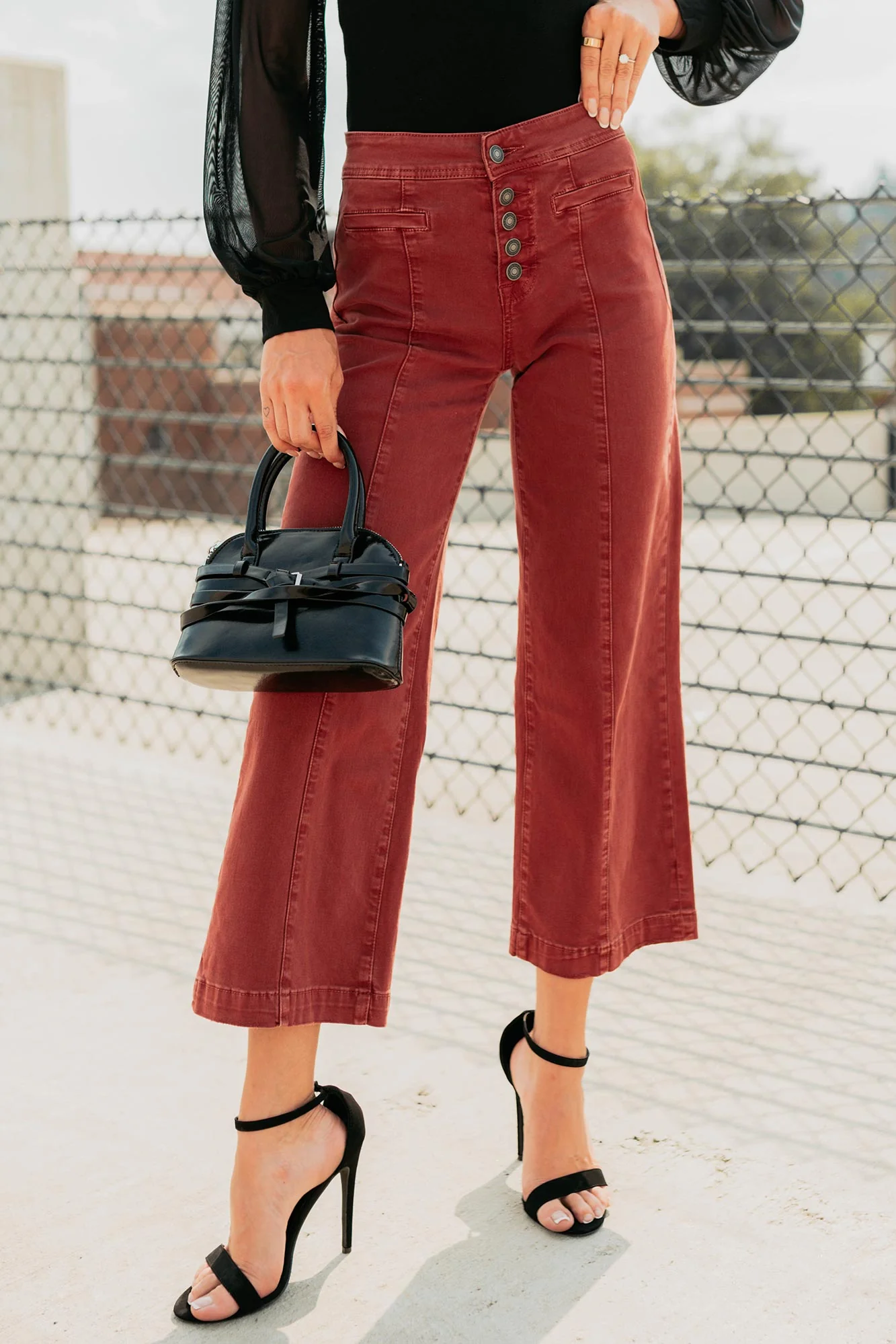 Frances Wide Leg Cropped Mica Denim Jeans (Dark Red) - Image 2
