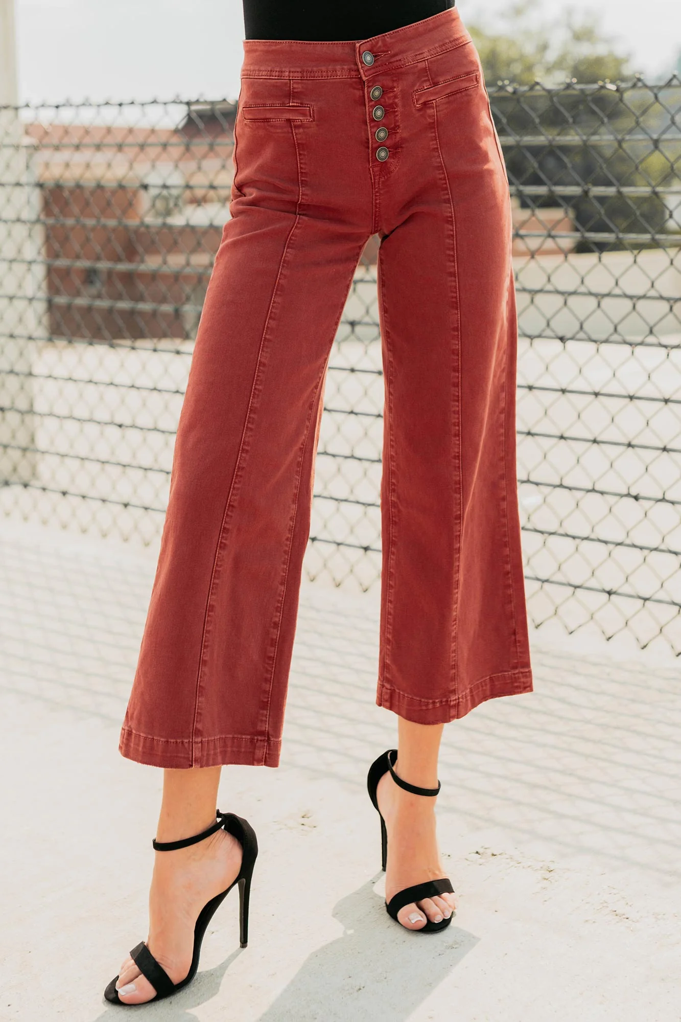 Frances Wide Leg Cropped Mica Denim Jeans (Dark Red) - Image 3