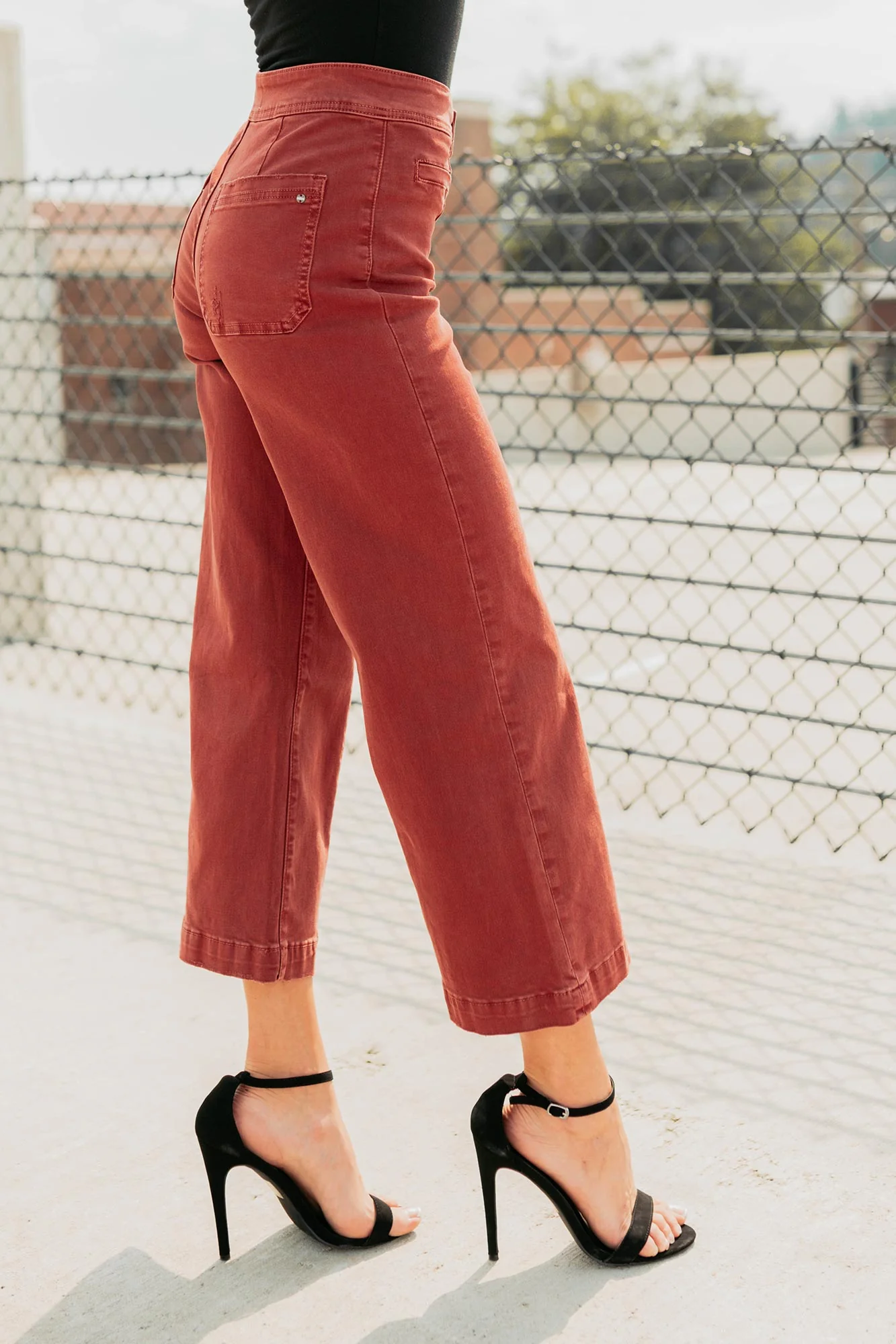 Frances Wide Leg Cropped Mica Denim Jeans (Dark Red) - Image 4