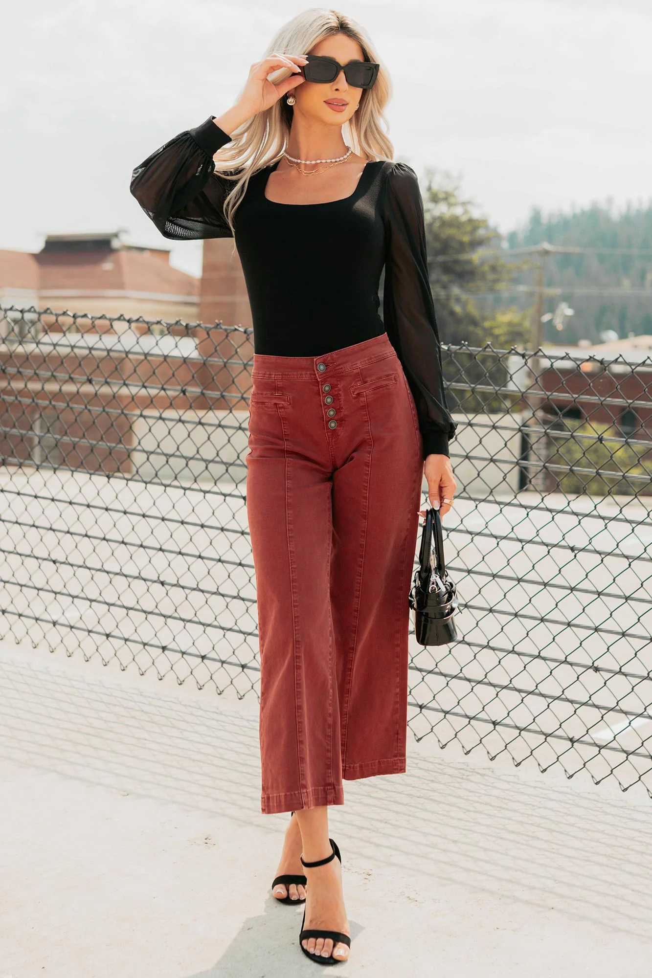 Frances Wide Leg Cropped Mica Denim Jeans (Dark Red) - Image 5