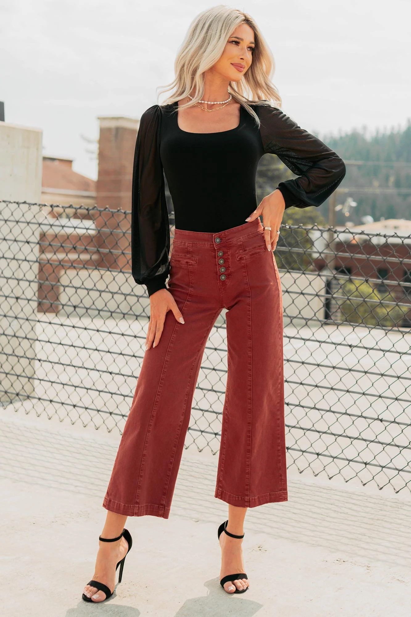 Frances Wide Leg Cropped Mica Denim Jeans (Dark Red) - Image 6
