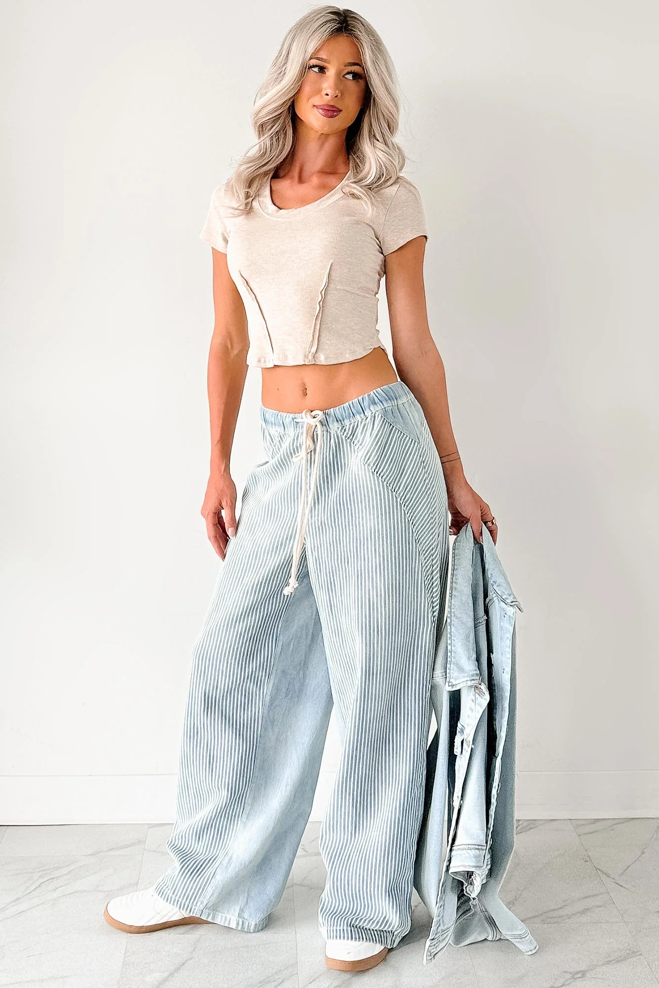 Franklin Striped Drawstring Wide Leg Jeans (Denim) - Image 10