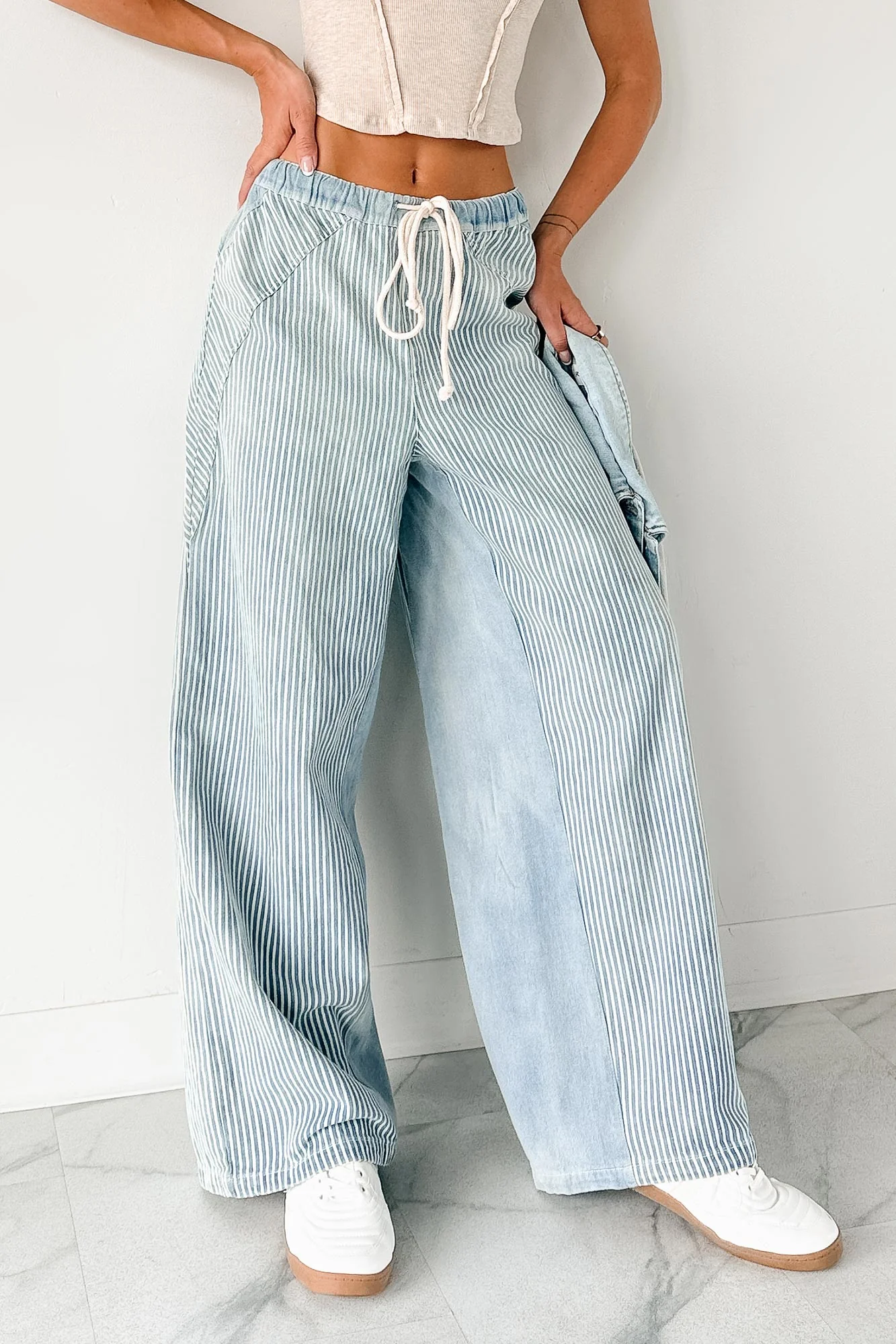 Franklin Striped Drawstring Wide Leg Jeans (Denim) - Image 2