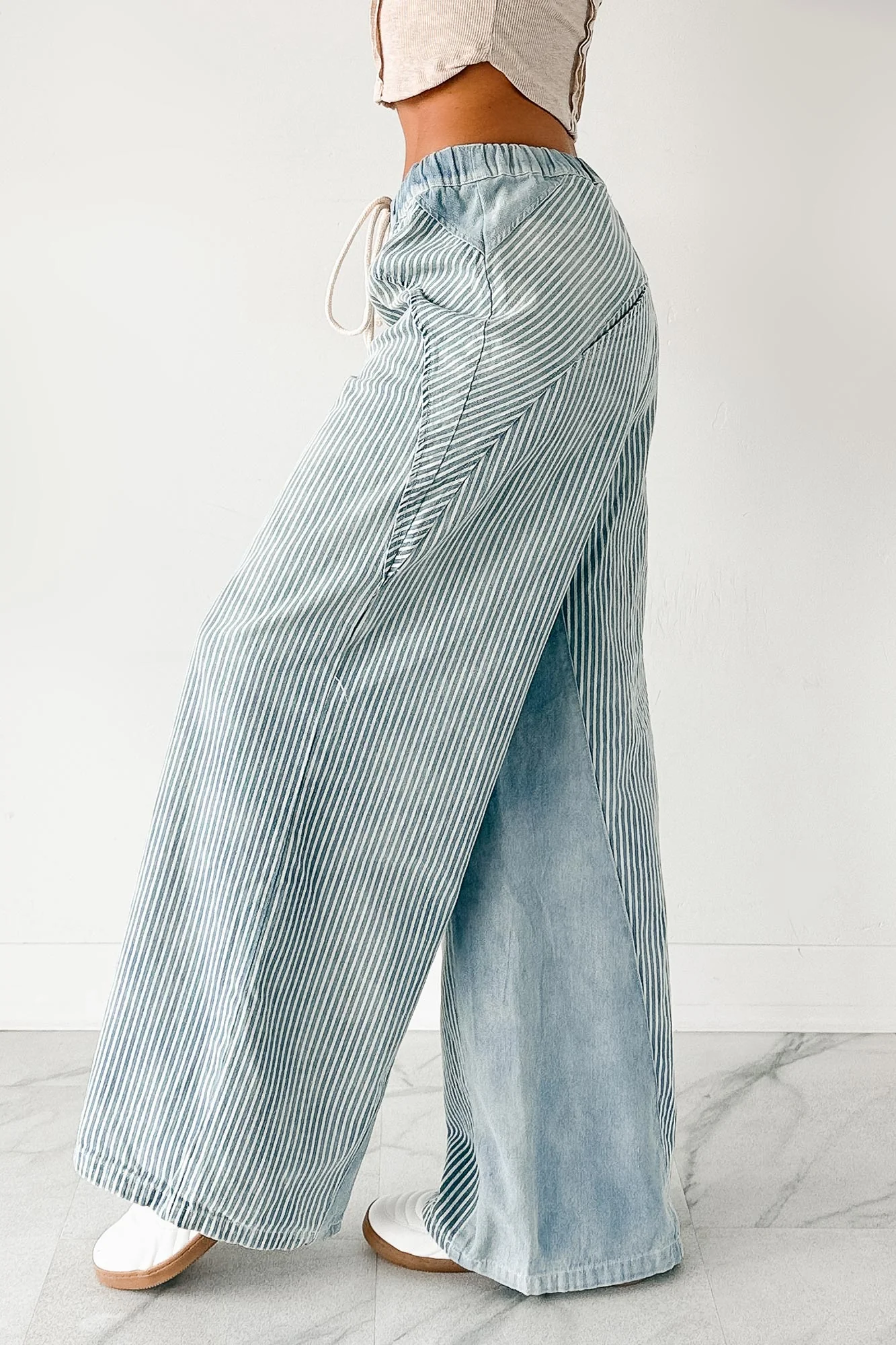 Franklin Striped Drawstring Wide Leg Jeans (Denim) - Image 4
