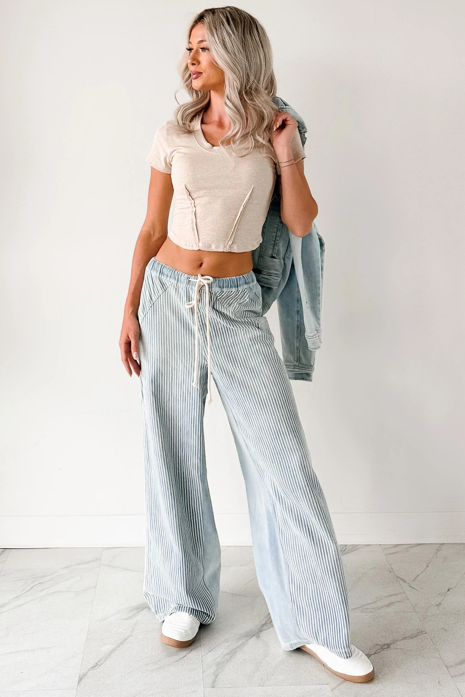 Franklin Striped Drawstring Wide Leg Jeans (Denim) - Image 6