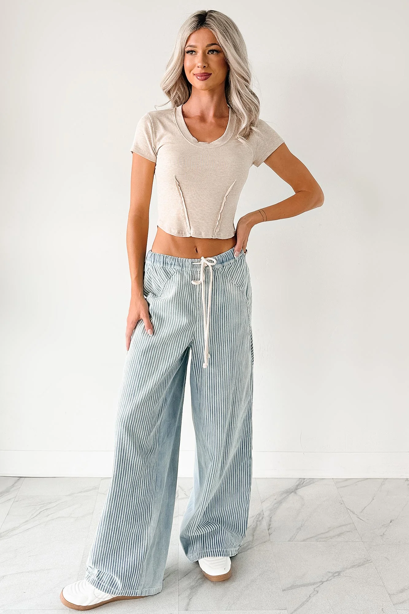 Franklin Striped Drawstring Wide Leg Jeans (Denim) - Image 8