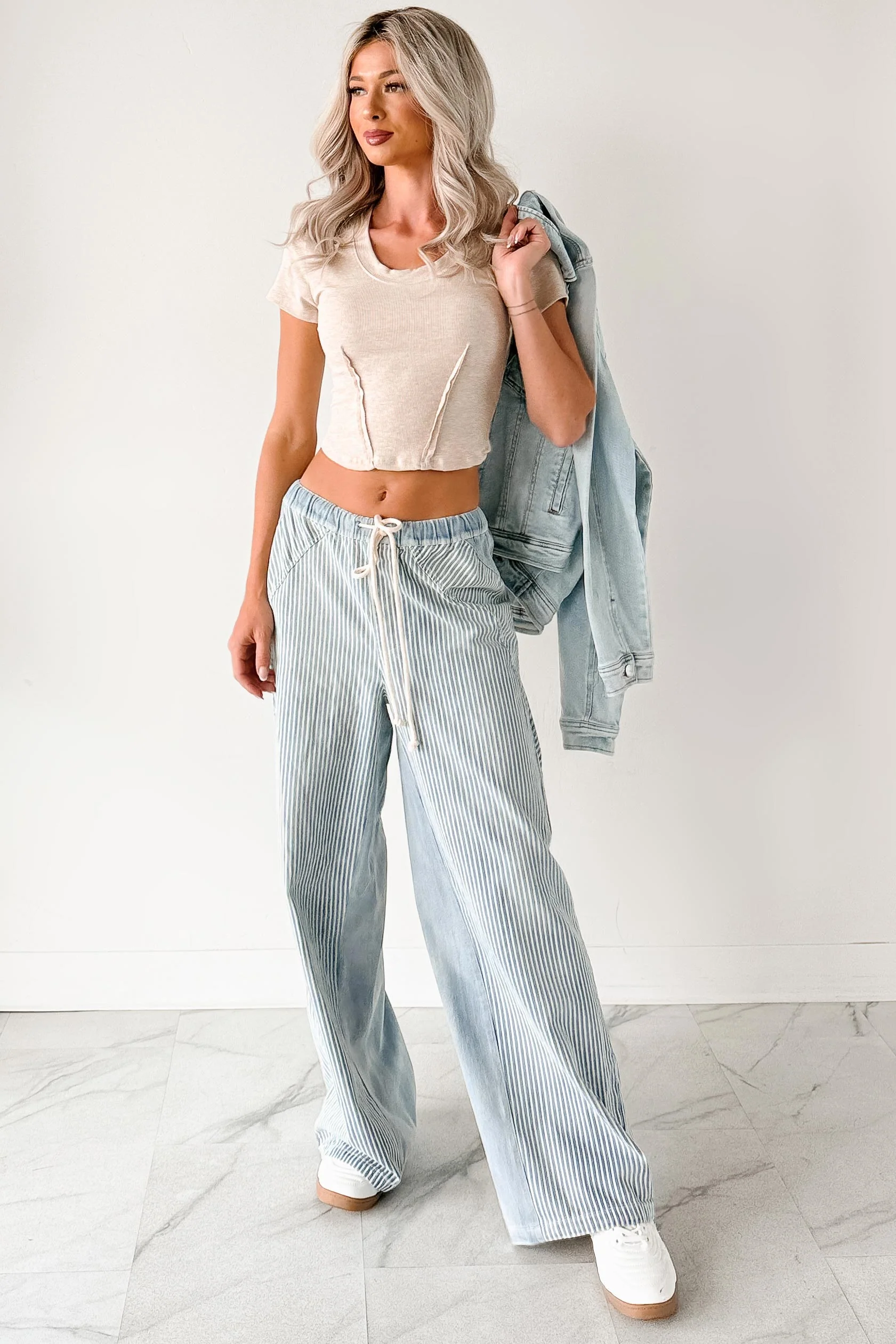 Franklin Striped Drawstring Wide Leg Jeans (Denim) - Image 9