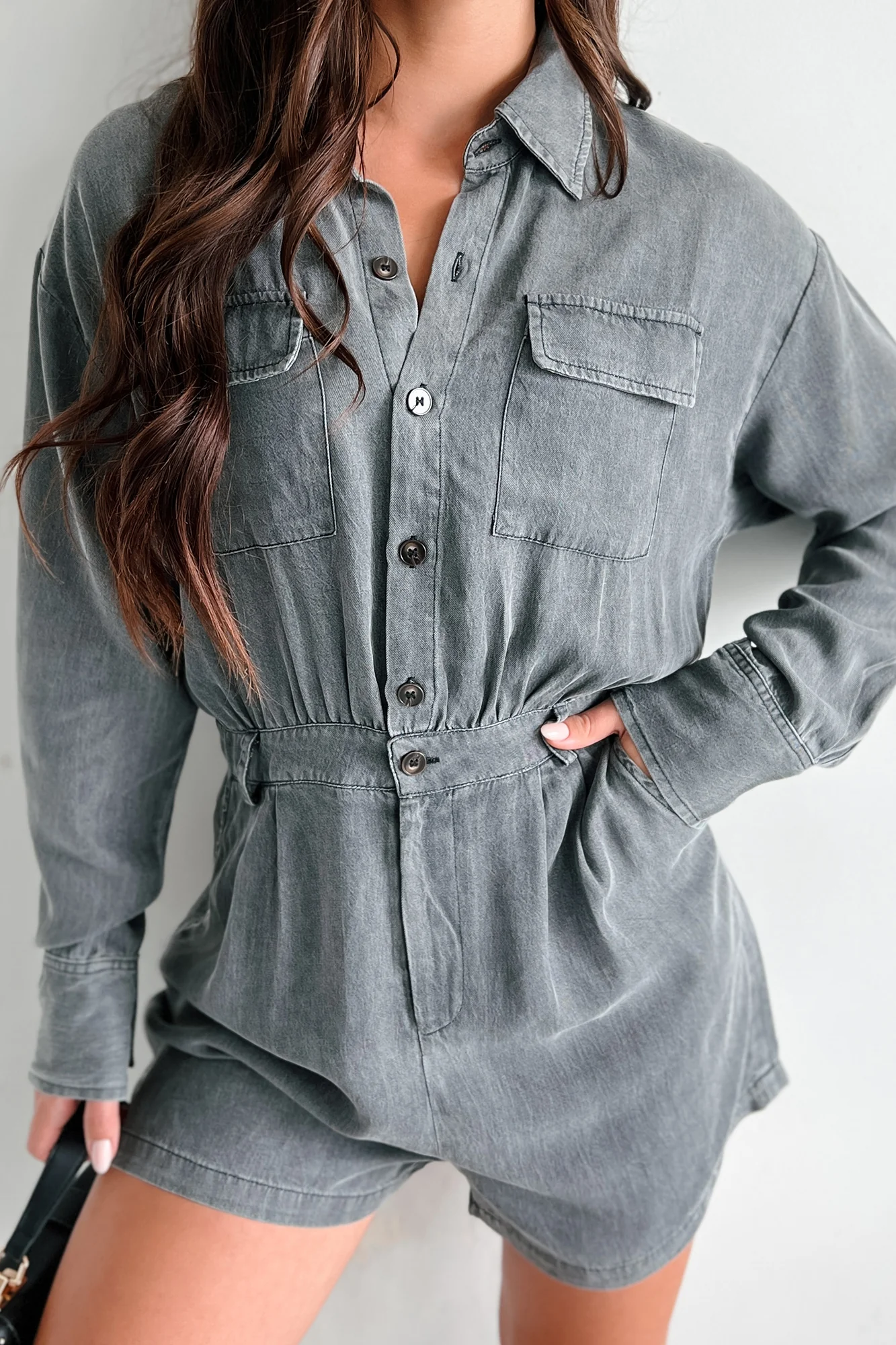 DOORBUSTER Fremont Button Front Long Sleeve Romper (Washed Black) - Image 3