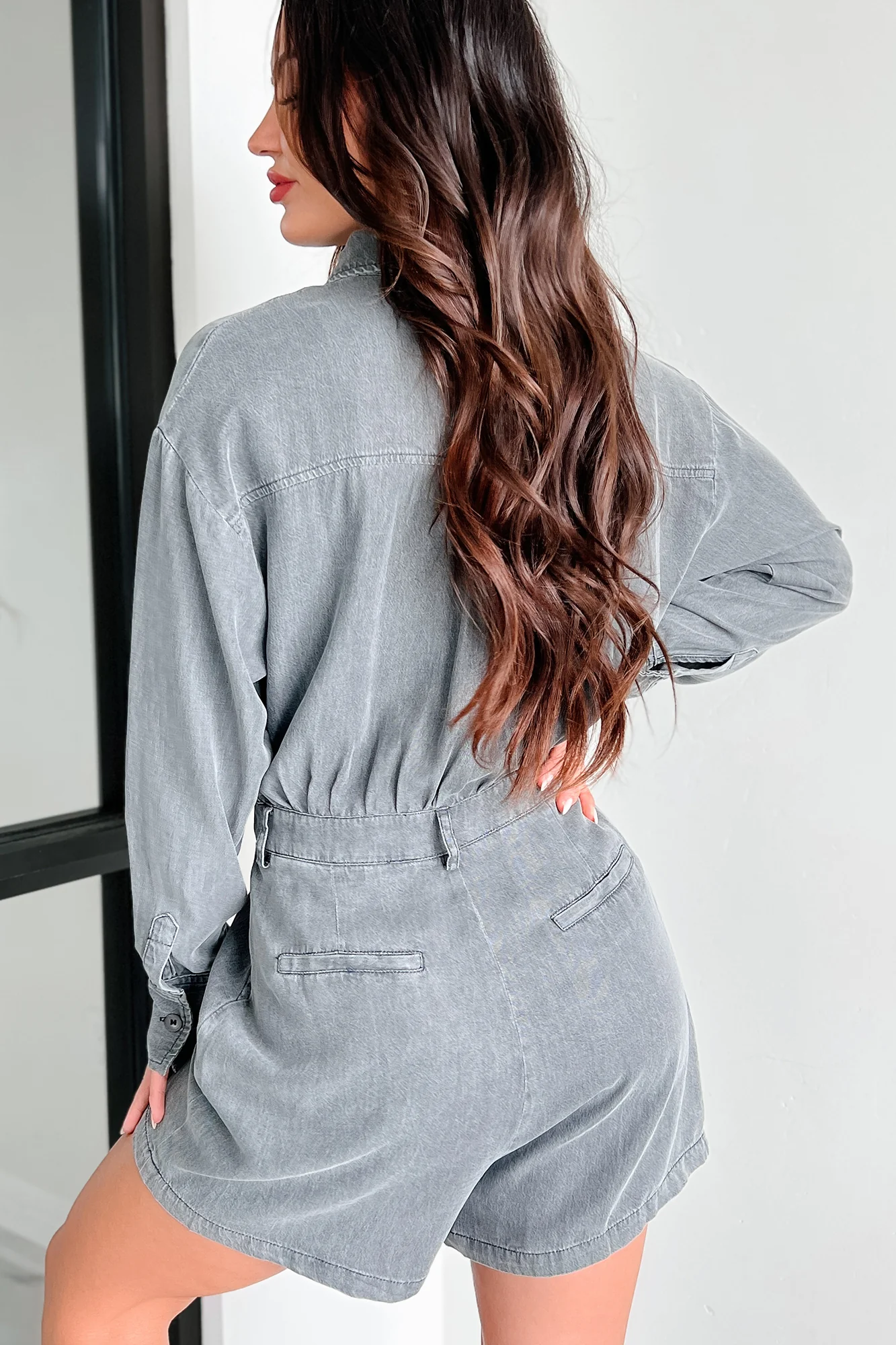 DOORBUSTER Fremont Button Front Long Sleeve Romper (Washed Black) - Image 4