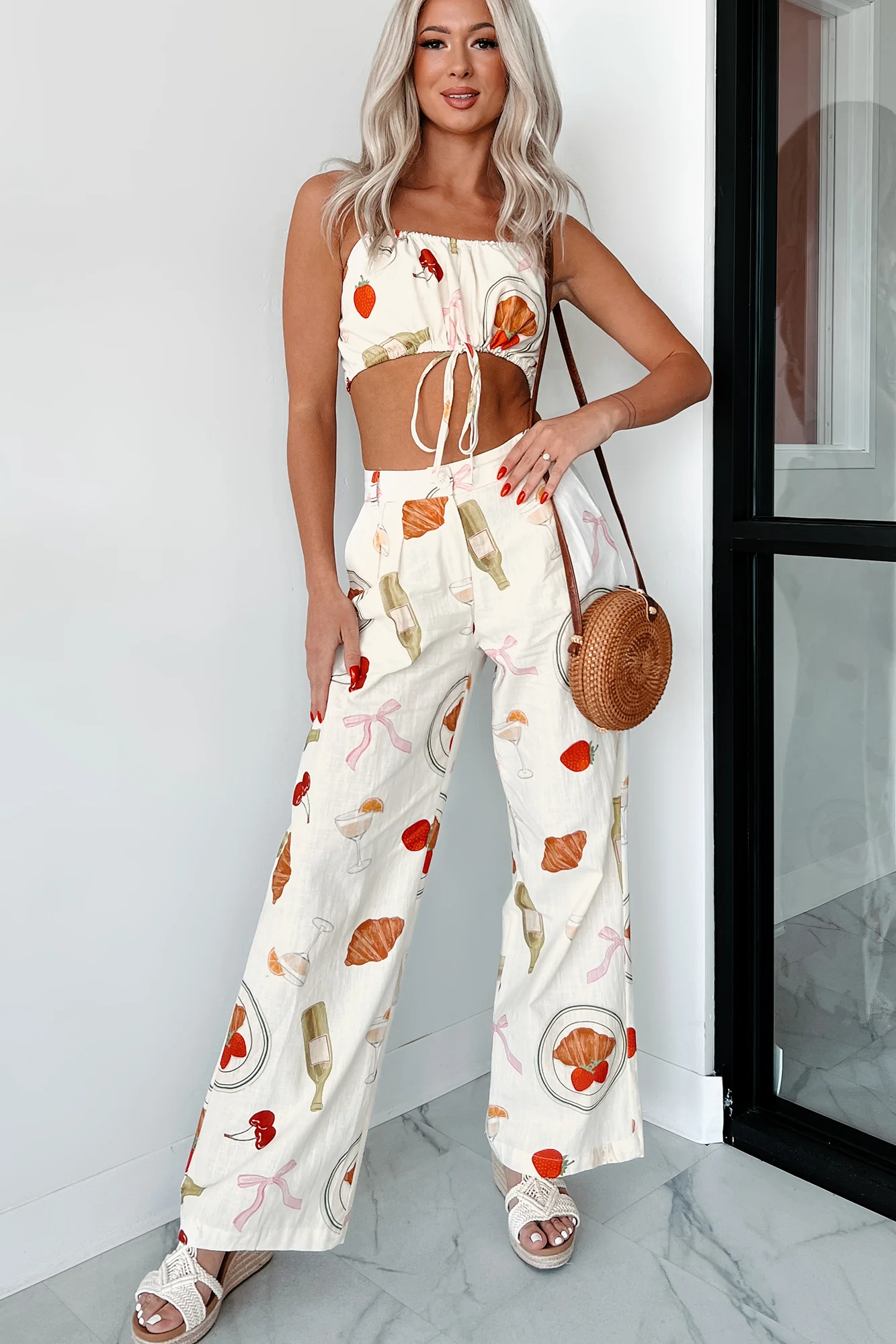 French Bistro Printed Drawstring Crop Top (Ivory) - Image 2