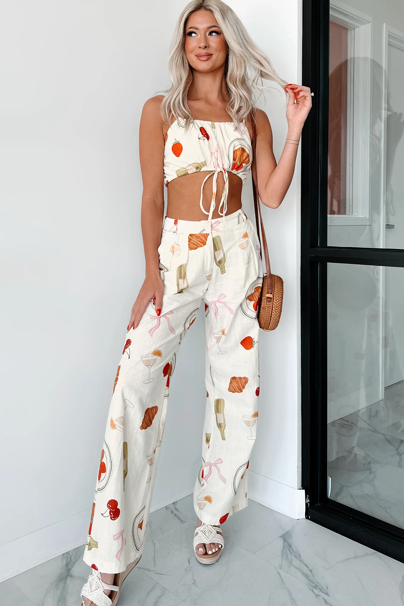 French Bistro Printed Drawstring Crop Top (Ivory) - Image 6