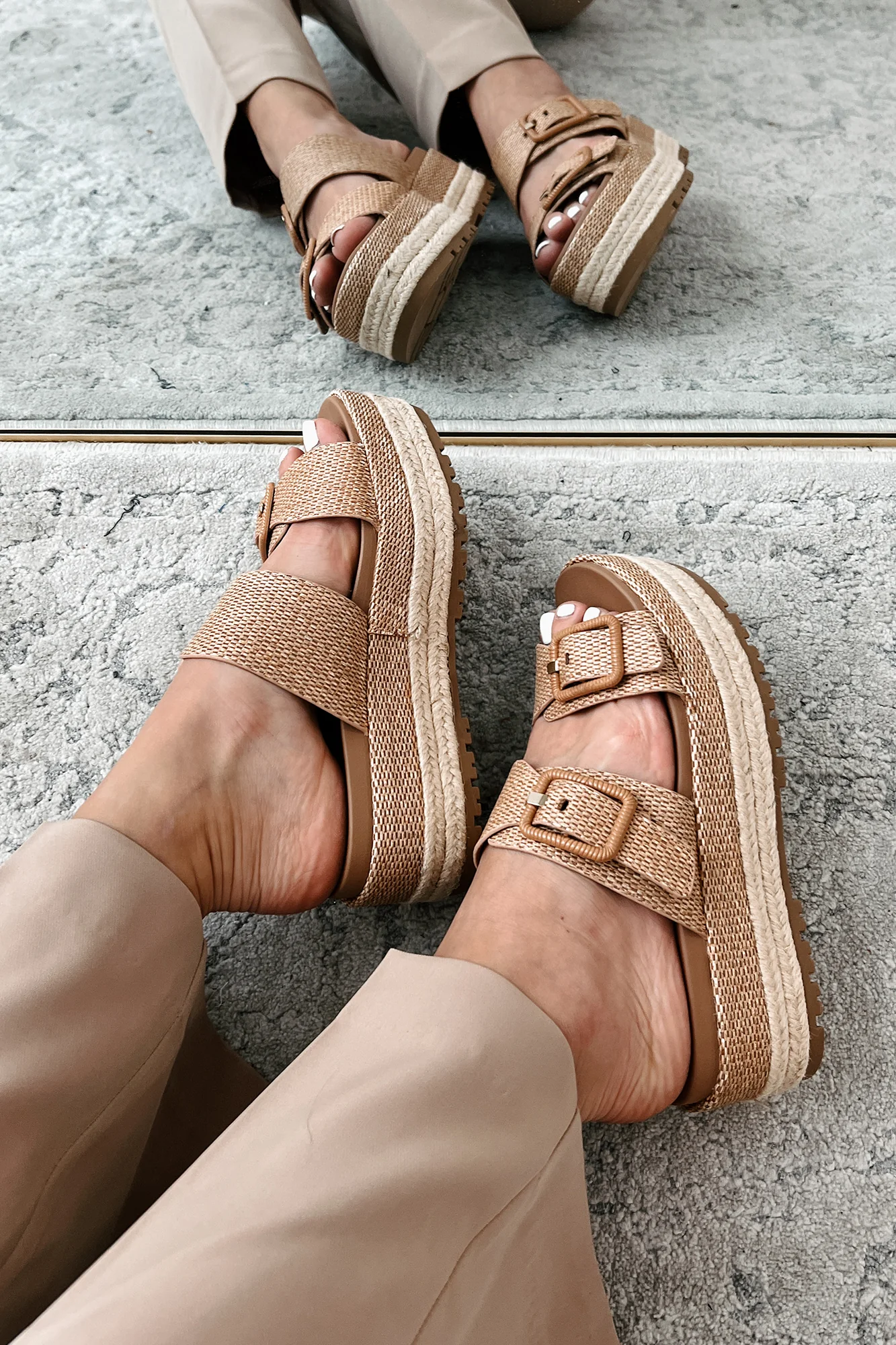 Fresh New Attitude Woven Platform Sandals (Dark Tan Raffia) - Image 6