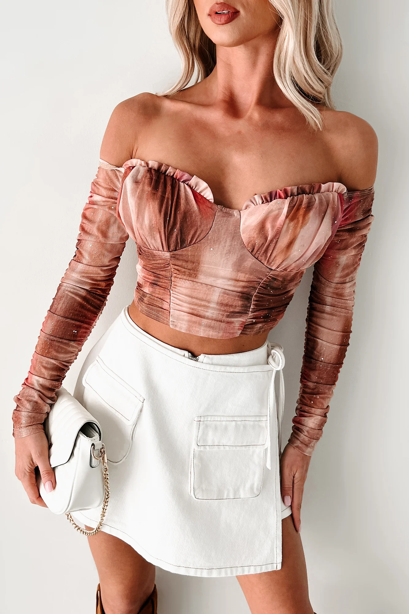 From Flirty To Fierce Sparkle Mesh Off The Shoulder Top (Dry Rose) - Image 2