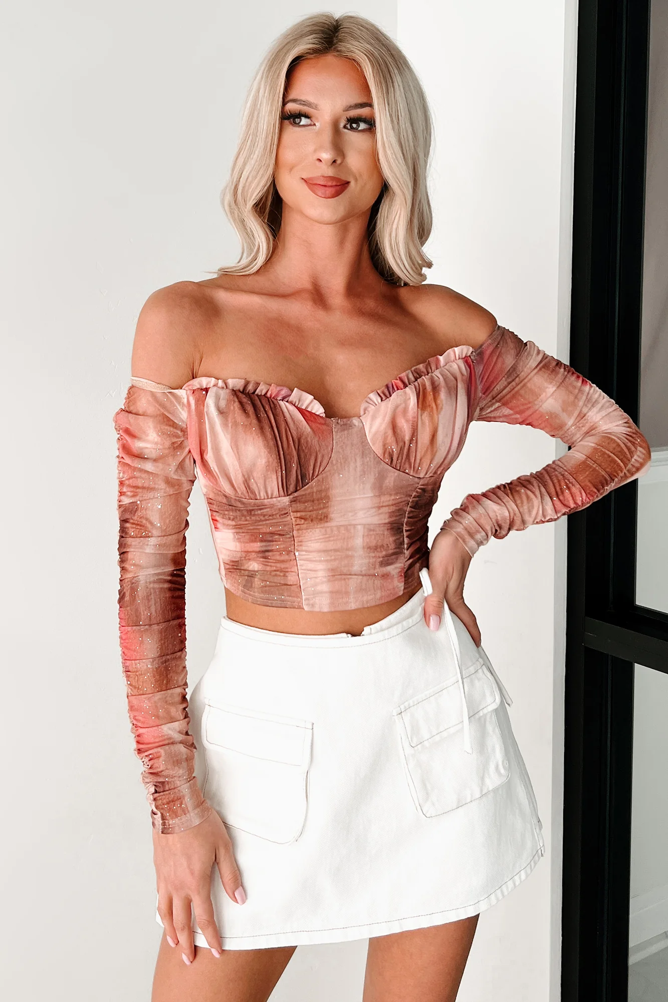 From Flirty To Fierce Sparkle Mesh Off The Shoulder Top (Dry Rose) - Image 4