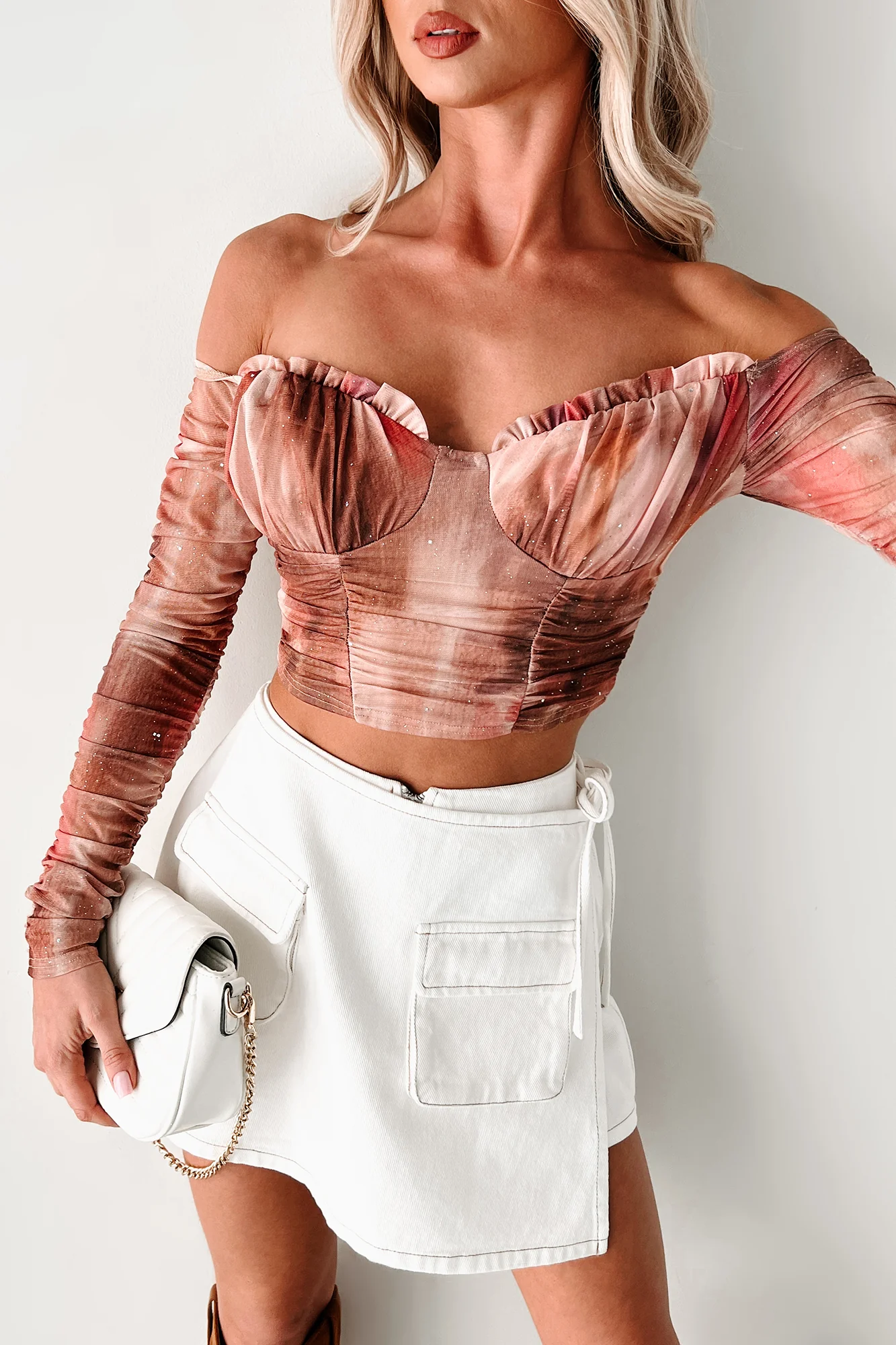 From Flirty To Fierce Sparkle Mesh Off The Shoulder Top (Dry Rose) - Image 5