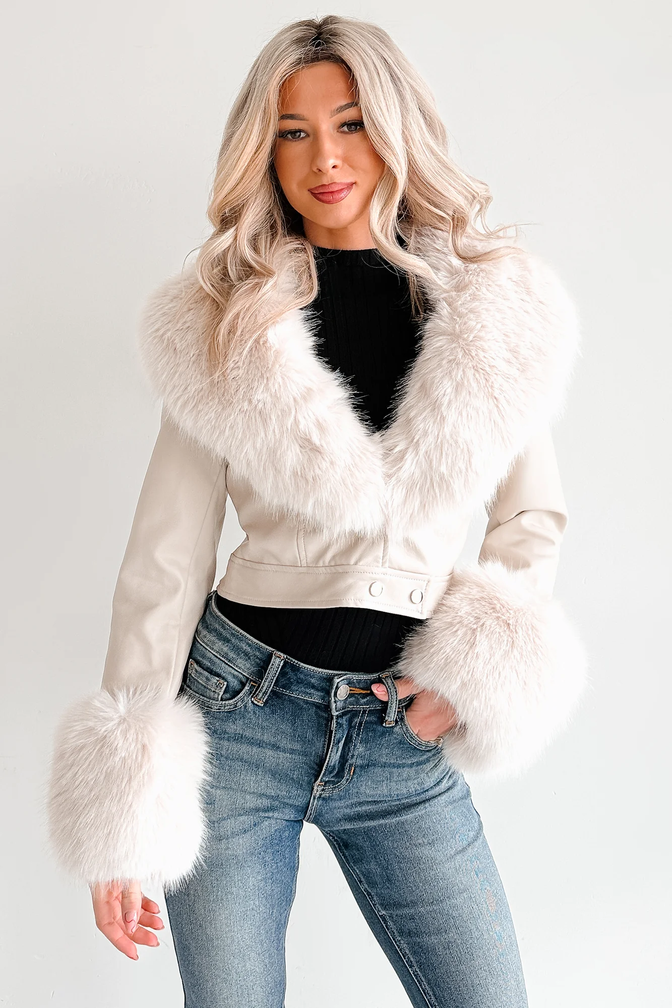 Frosted Elegance Faux Fur Trim Faux Leather Jacket (Cream) - Image 2