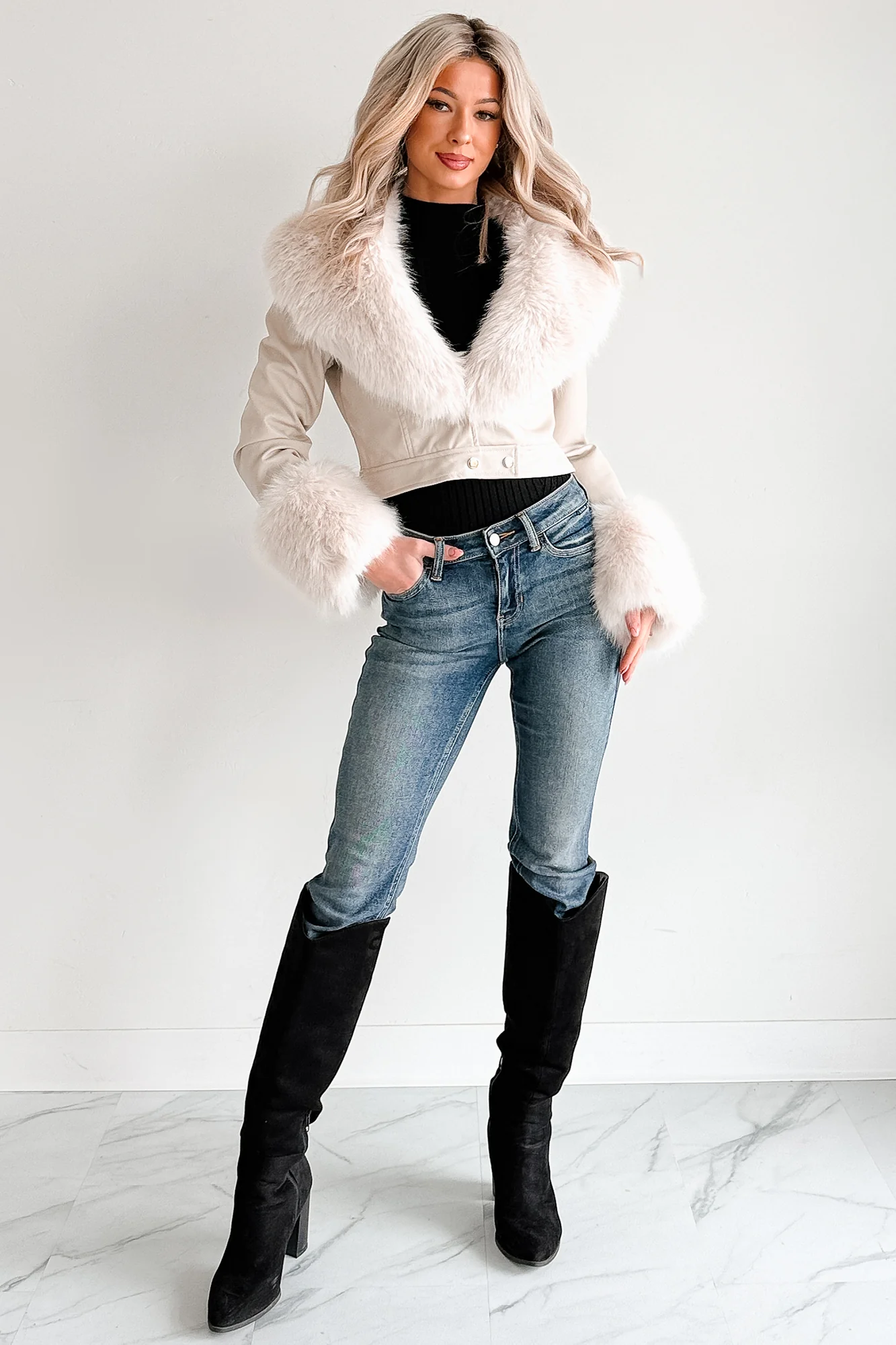 Frosted Elegance Faux Fur Trim Faux Leather Jacket (Cream) - Image 3